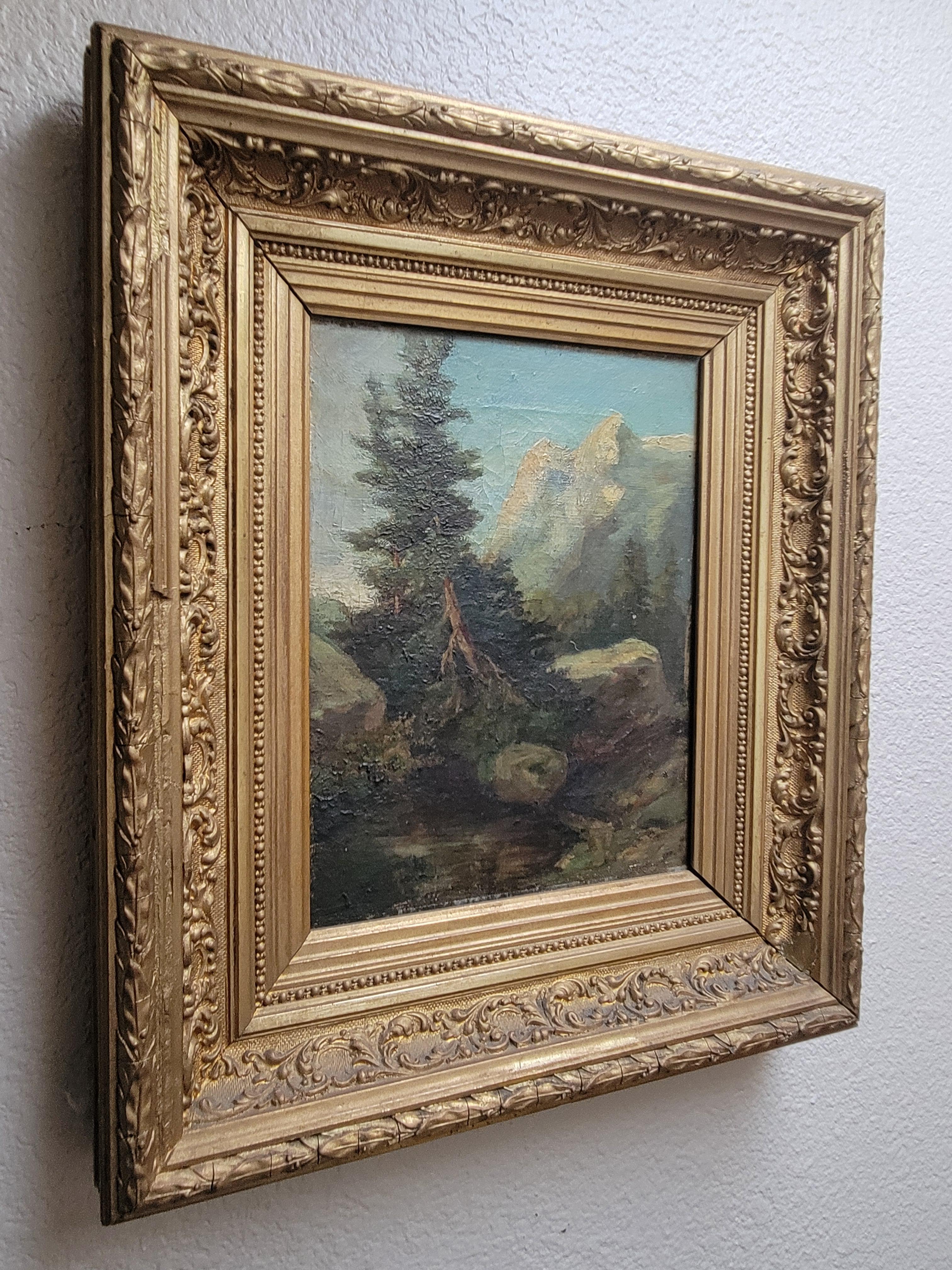 Antique painting of mountain scene, France, oil on canvas in period frame In Good Condition For Sale In Centennial, CO