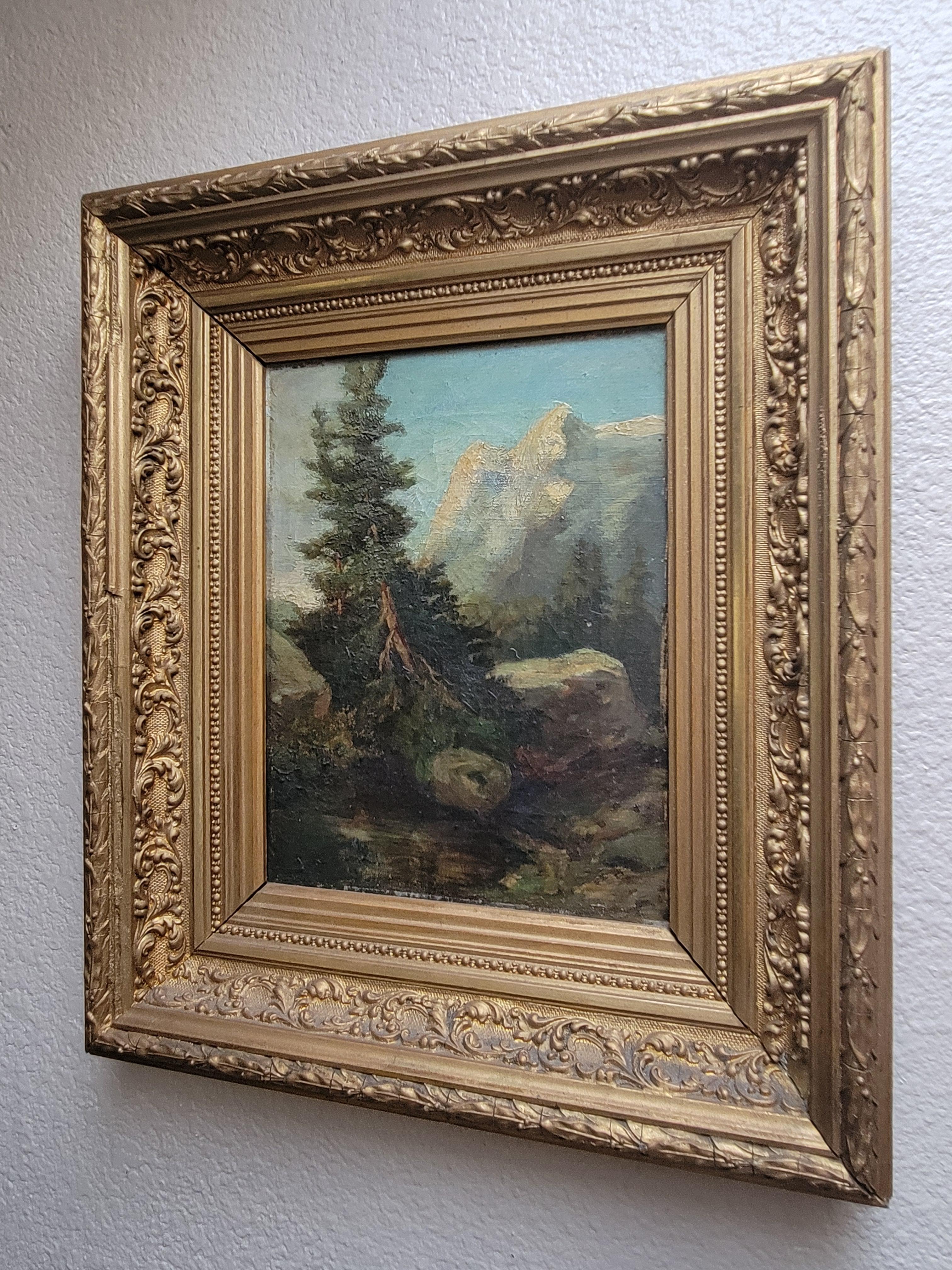 20th Century Antique painting of mountain scene, France, oil on canvas in period frame For Sale