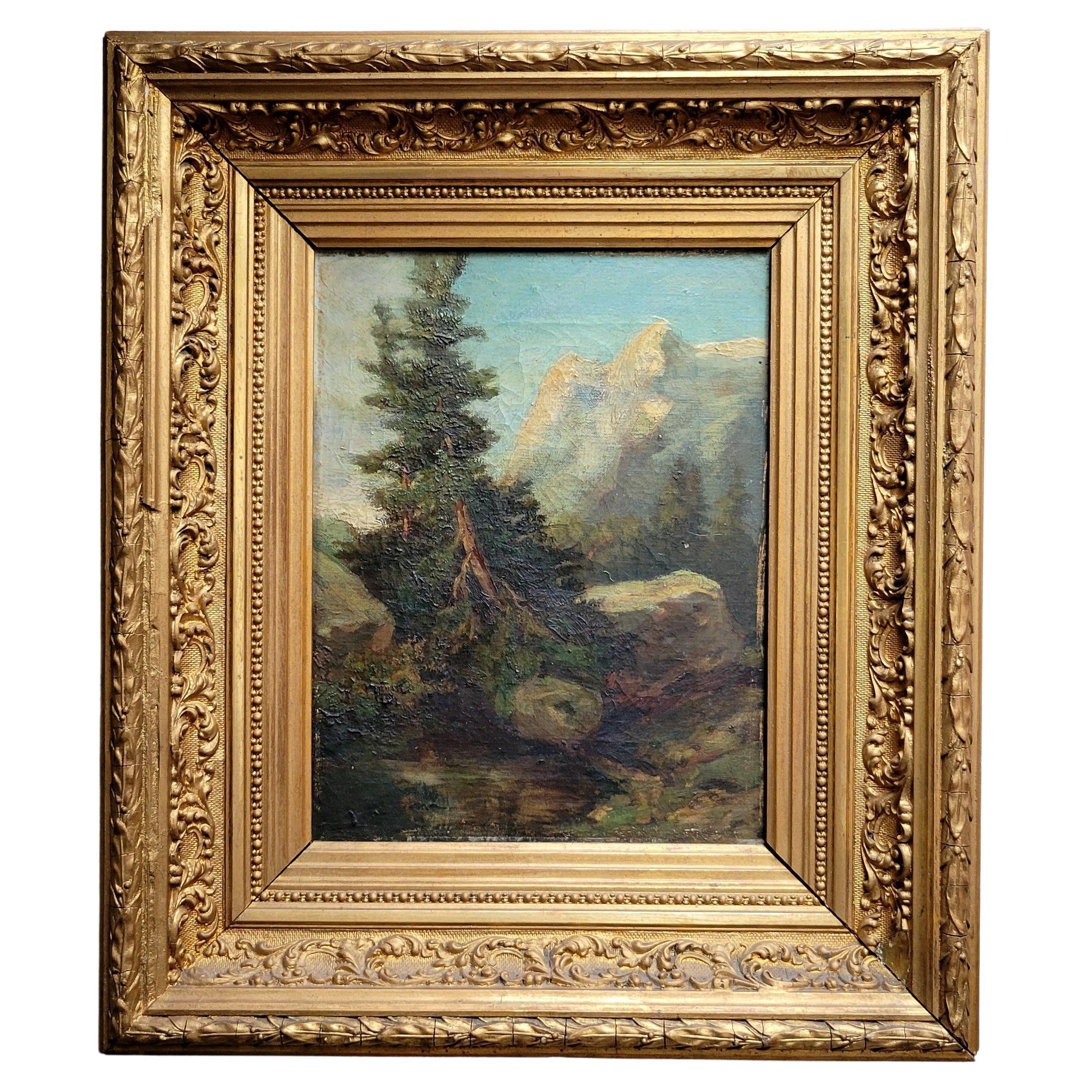 Peinture ancienne d'une scène de montagne, France, huile sur toile dans un cadre d'époque