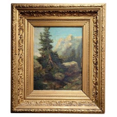 Cuadro antiguo de escena montañesa, Francia, óleo sobre lienzo en bastidor de época
