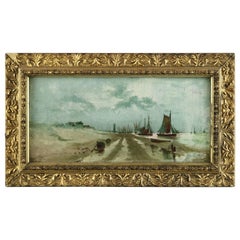 Antique Painting, Oil on Board Seascape with Boats, 19th Century