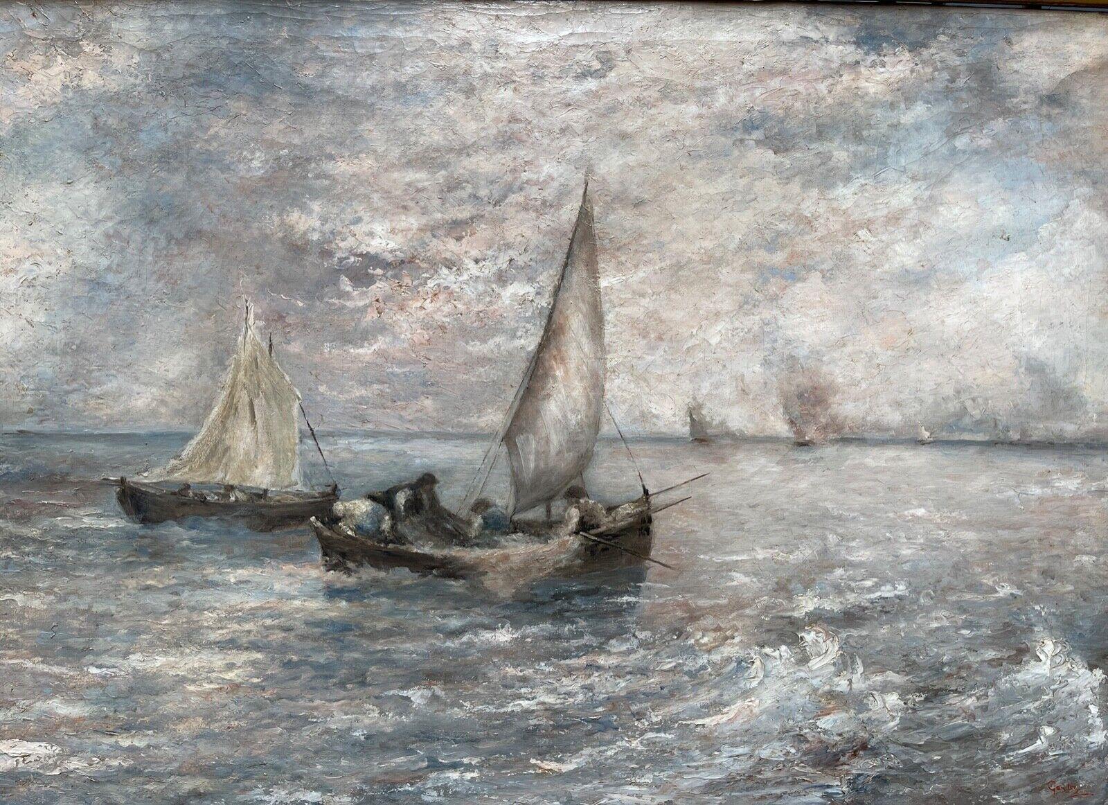 Antique painting, oil on canvas, Marina, 19th century, Macchiaioli school

Elegant antique painting, made with skill, oil on canvas, marine scene, a stormy sea with sails. 
The painting is signed in the lower right corner 
