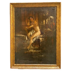Antique painting, oil on canvas, Odalisque bathing, spying, late 19th early 20th