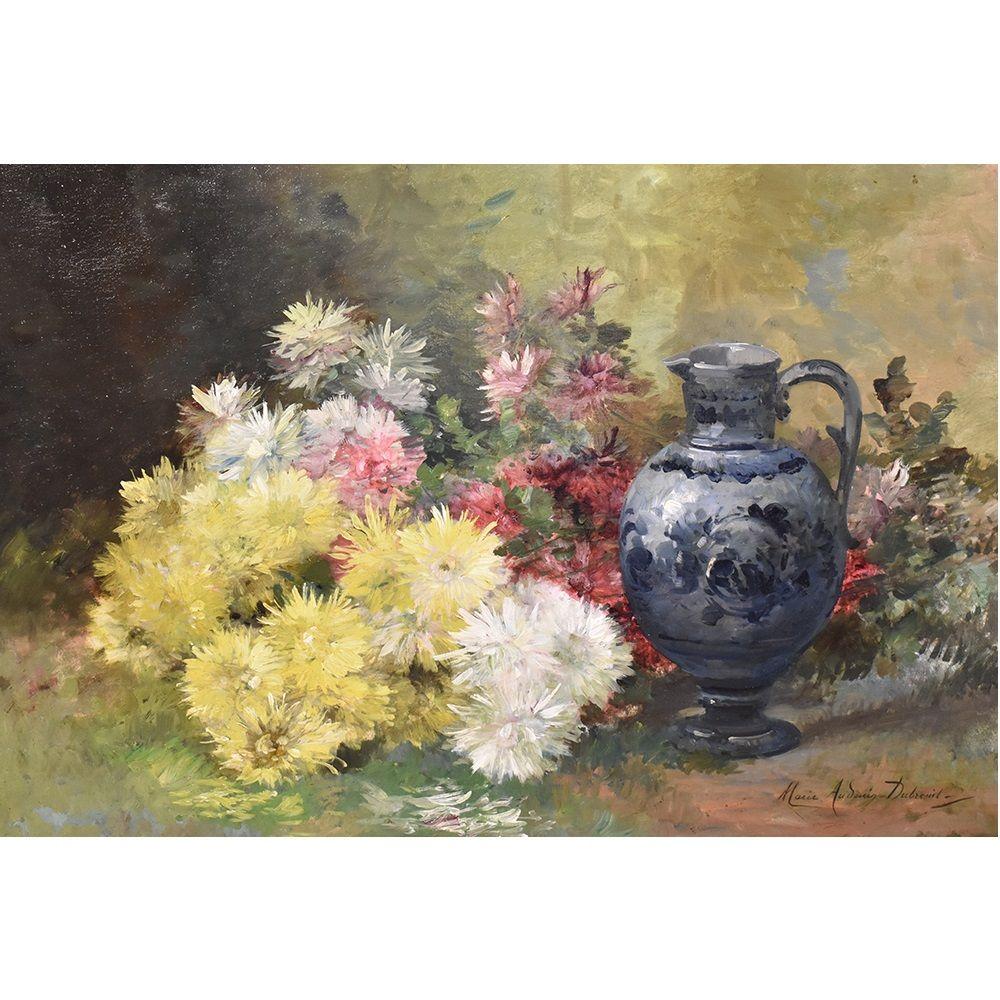 Flowers artwork, antique oil painting, floral vase painting which represents Bouquet of Chrysanthemums and Daisies, painted at the end of the nineteenth century. 
It also has a gold leaf  frame from the late nineteenth century.
A bouquet of