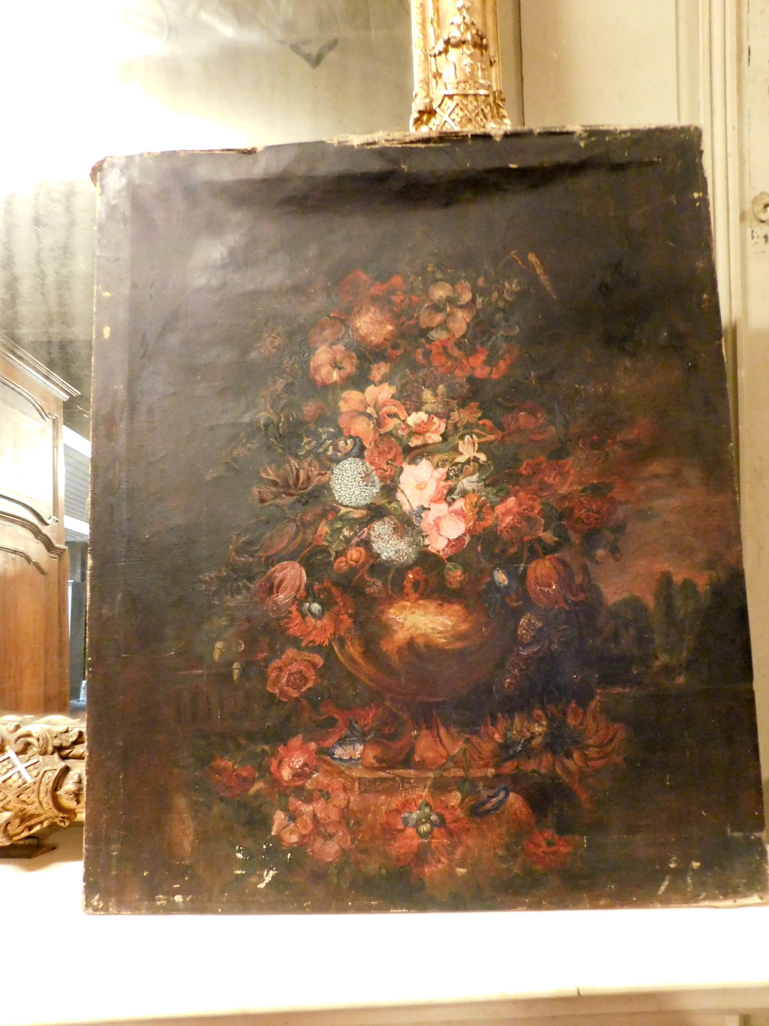 Antique oil painting on canvas, hand painted floral pattern on a black background, very colorful but simple, 1800 Italy.