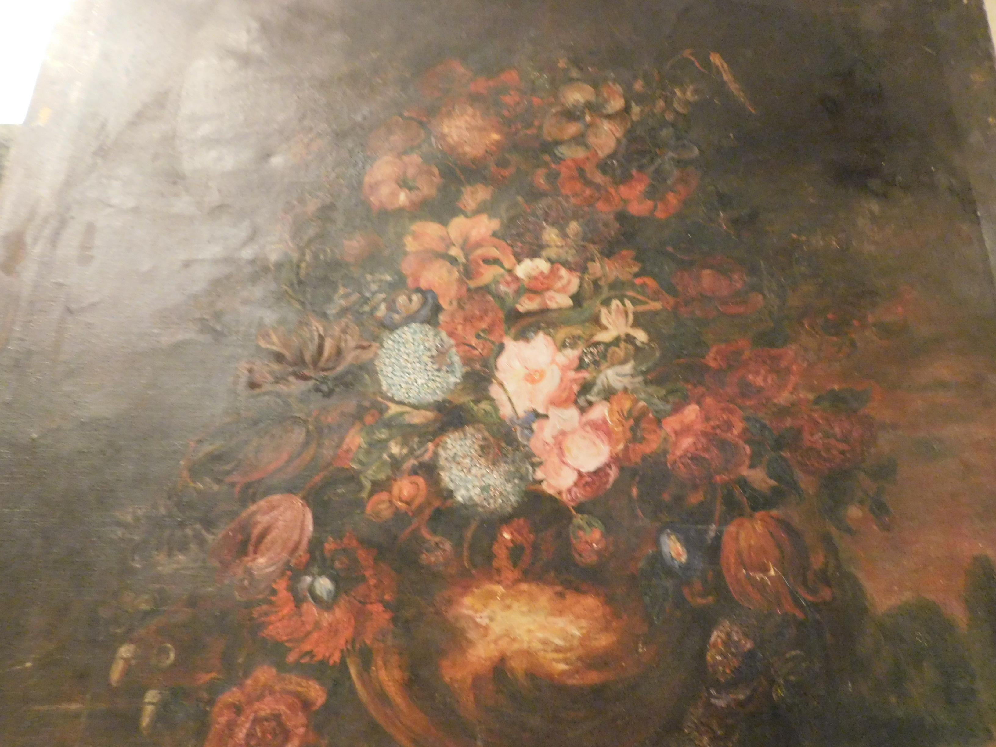 Italian Antique Painting on Canvas, Floral on a Black Background, 1800 Italy