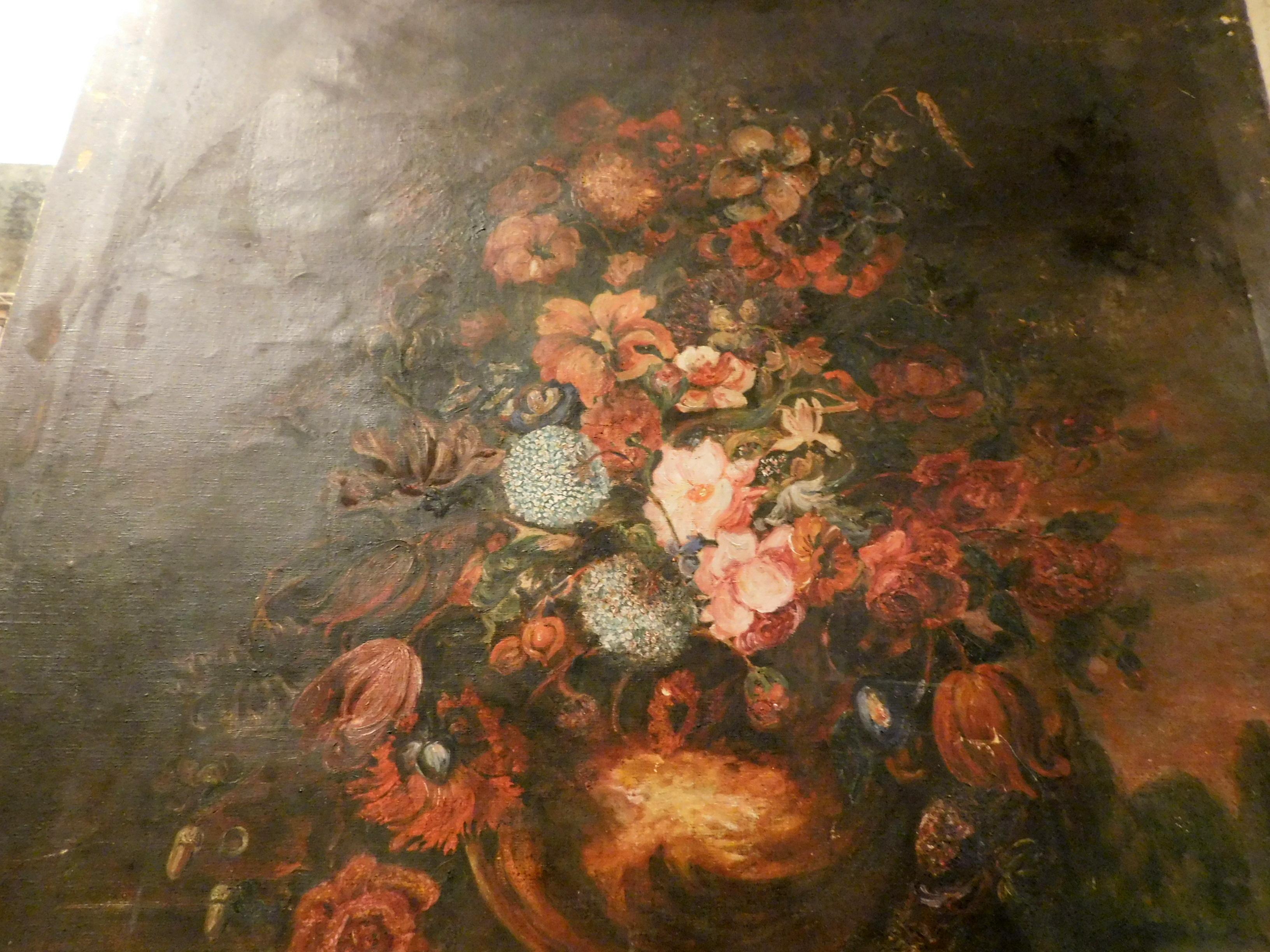 Hand-Painted Antique Painting on Canvas, Floral on a Black Background, 1800 Italy