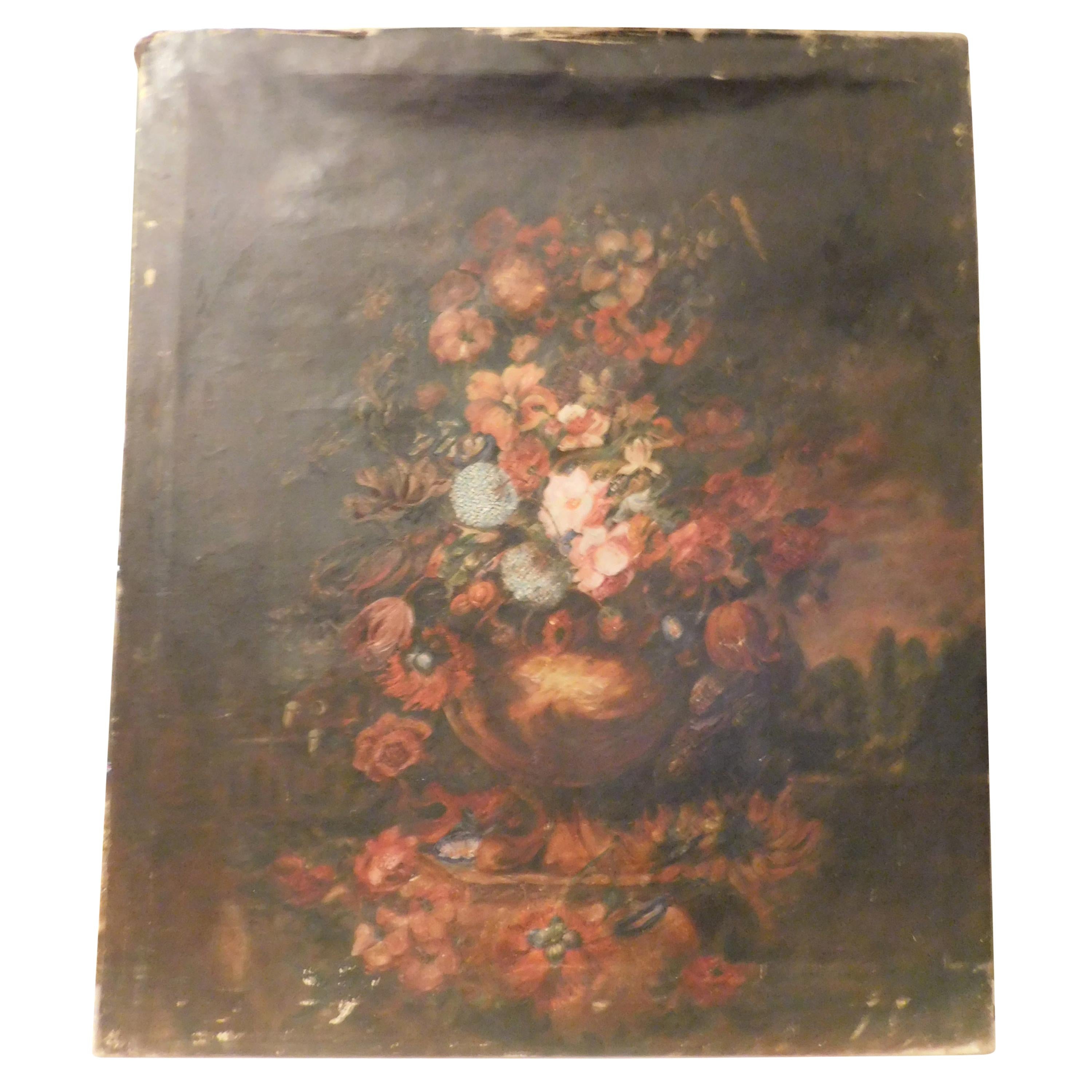 Antique Painting on Canvas, Floral on a Black Background, 1800 Italy