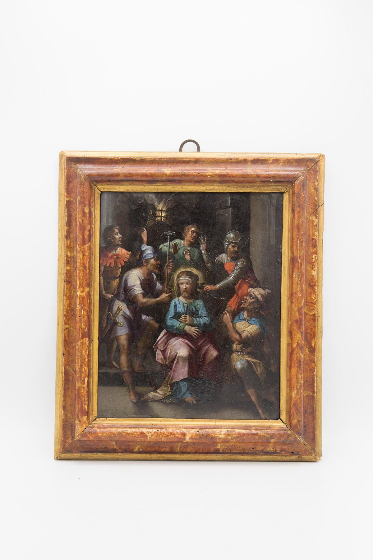 Peinture sur cuivre. École italienne de la fin du XVIIe siècle. La scène, qui raconte un moment de la Passion du Christ, est remplie de personnages, imbriqués les uns dans les autres et encadrant le Christ, au centre : sa figure, immobile et