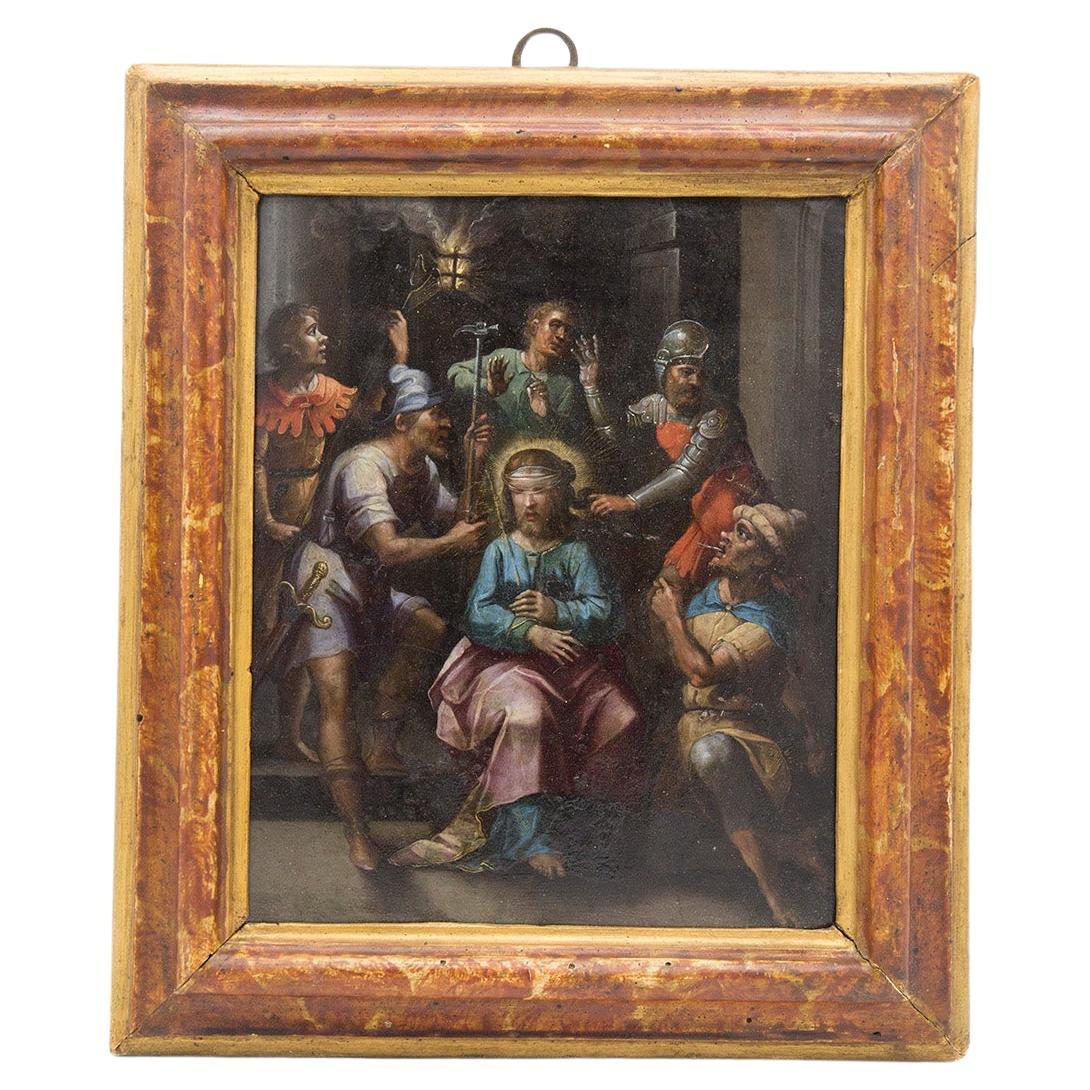 Peinture ancienne sur cuivre, « The Mockery of Christ » (La folie du Christ)