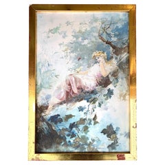 Antikes Gemälde auf Porzellan mit Blumenmotiv „Traumende Jungfrau, die meine Valentne ist“