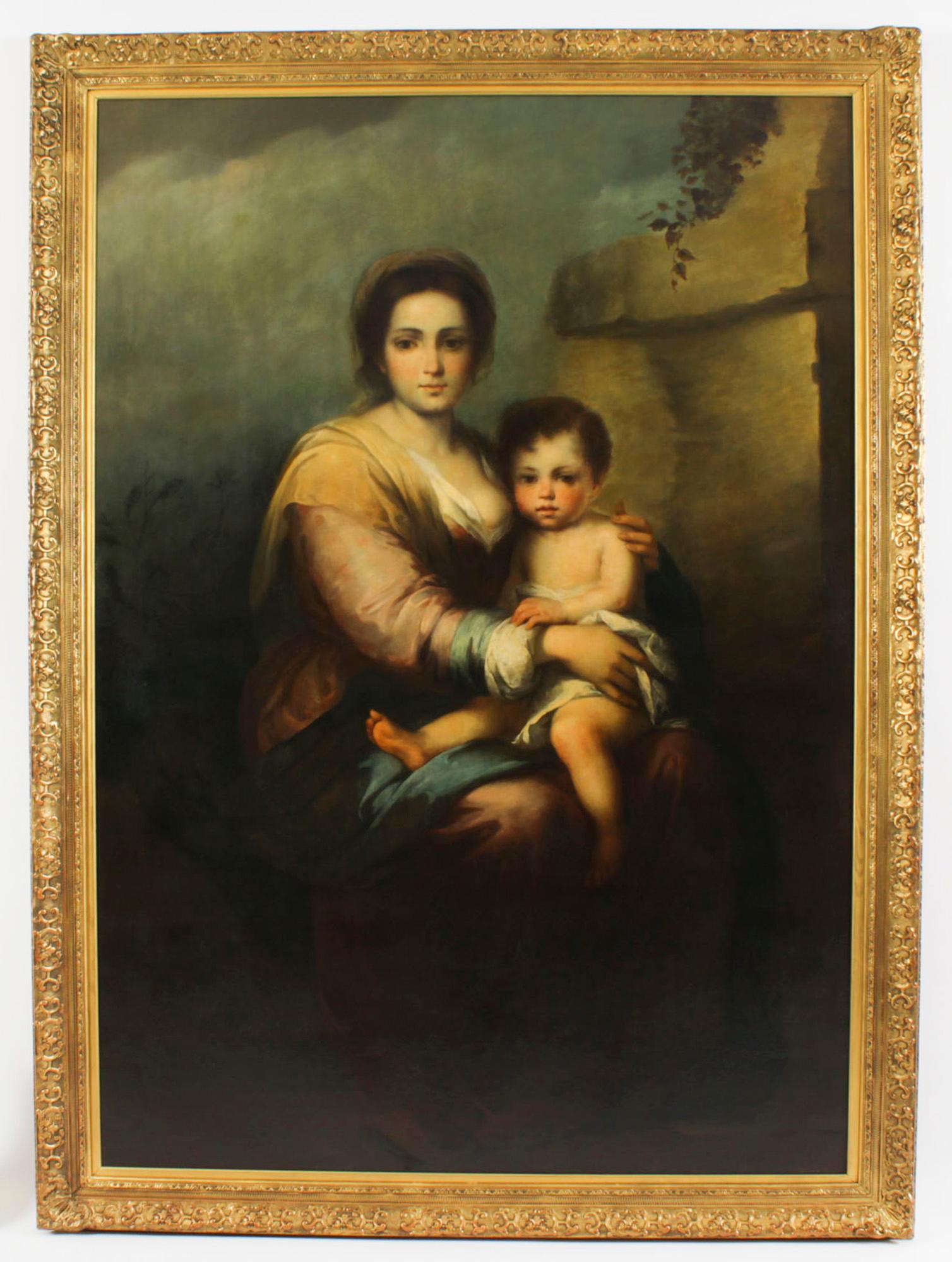 Antique Painting Our Lady of The Rosary After Bartolomé Murillo 19th Century For Sale 12