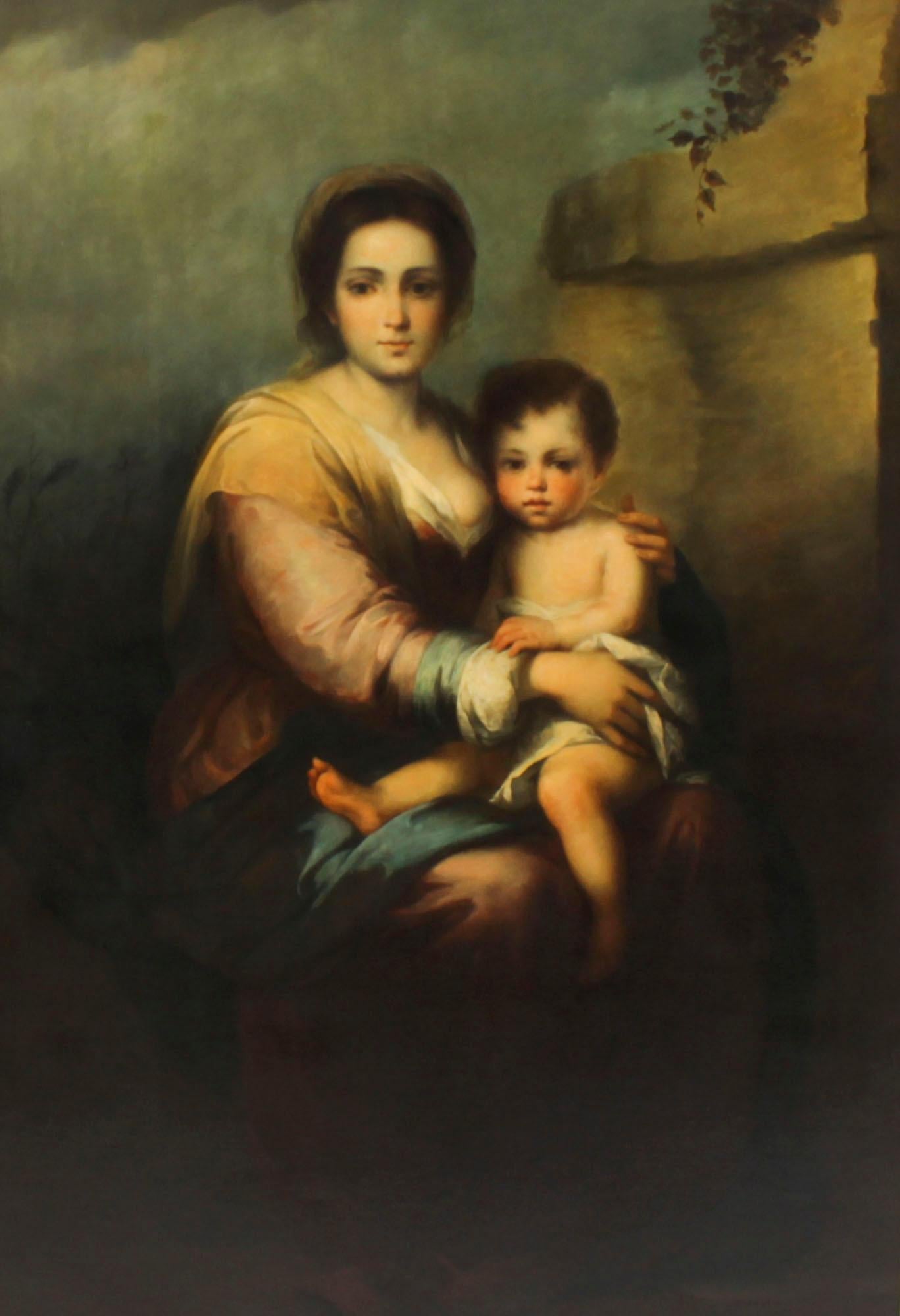 A large Spanish oil on canvas of Our Lady of The Rosary after Bartolomé  Esteban Murillo, early 19th century in date.

It features the Virgin Mary holding baby Jesus in her arms, she is dressed in a flowing traditional costume set against the