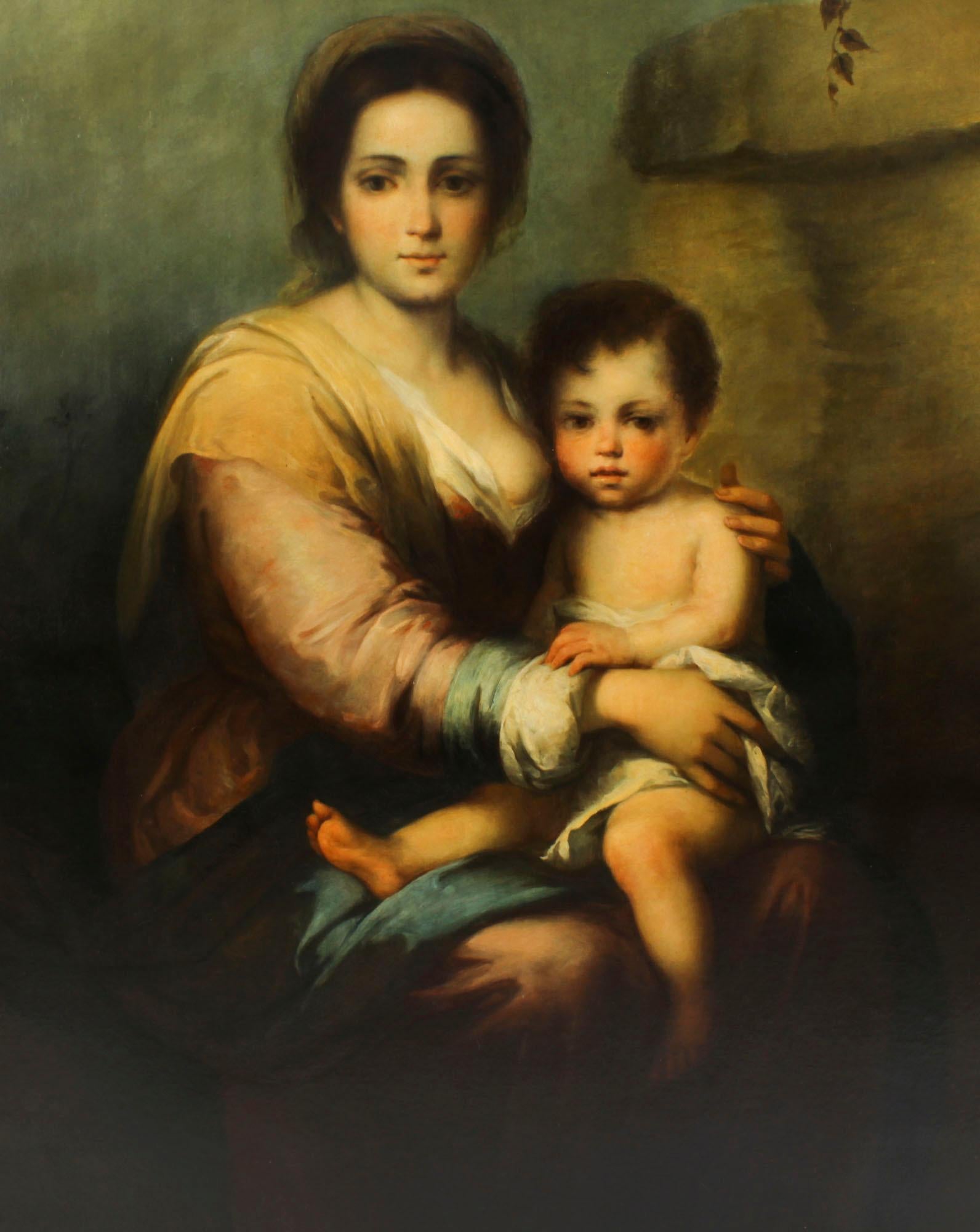 Antique Painting Our Lady of The Rosary After Bartolomé Murillo 19th Century In Good Condition For Sale In London, GB
