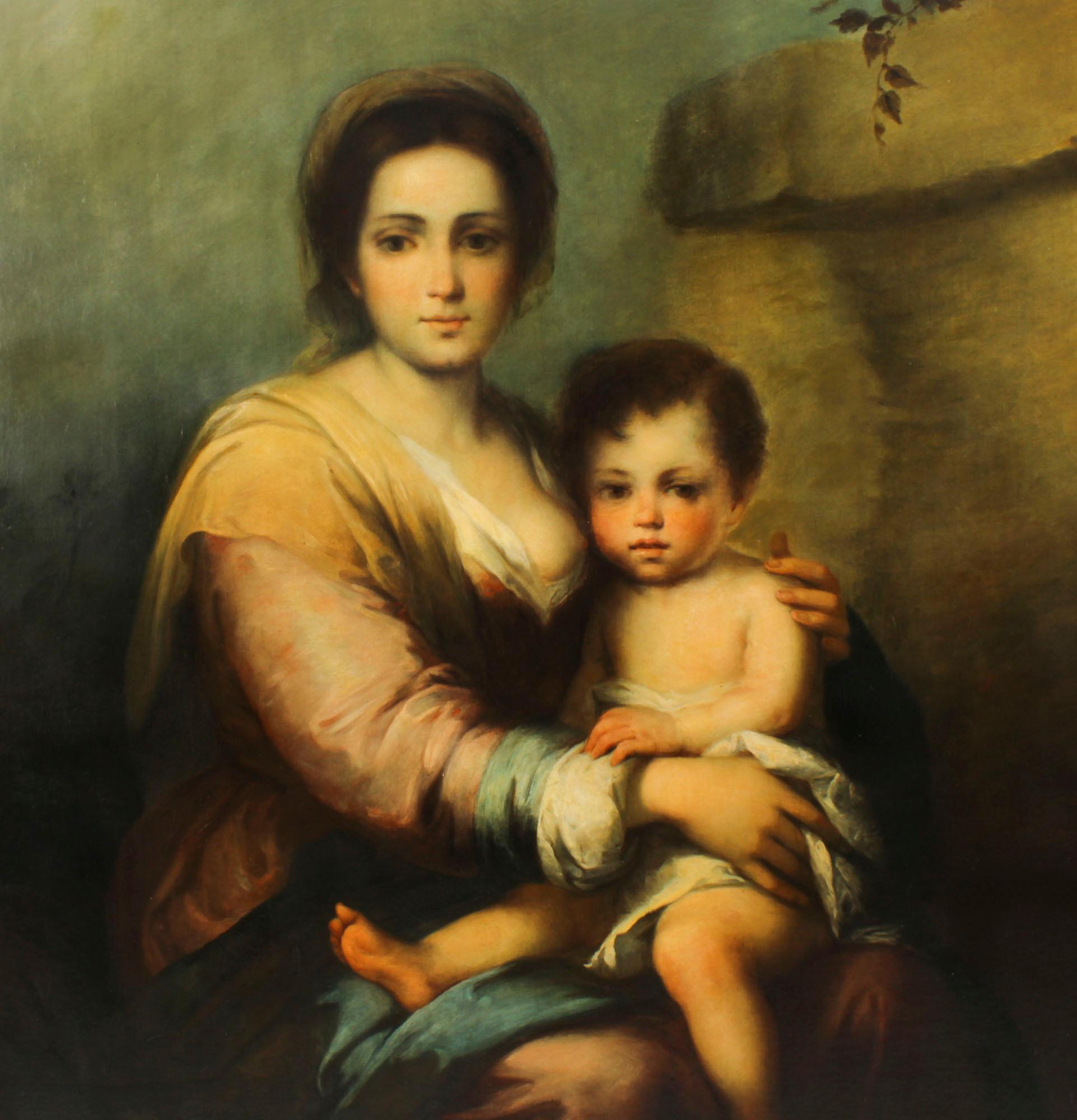 Early 19th Century Antique Painting Our Lady of The Rosary After Bartolomé Murillo 19th Century For Sale