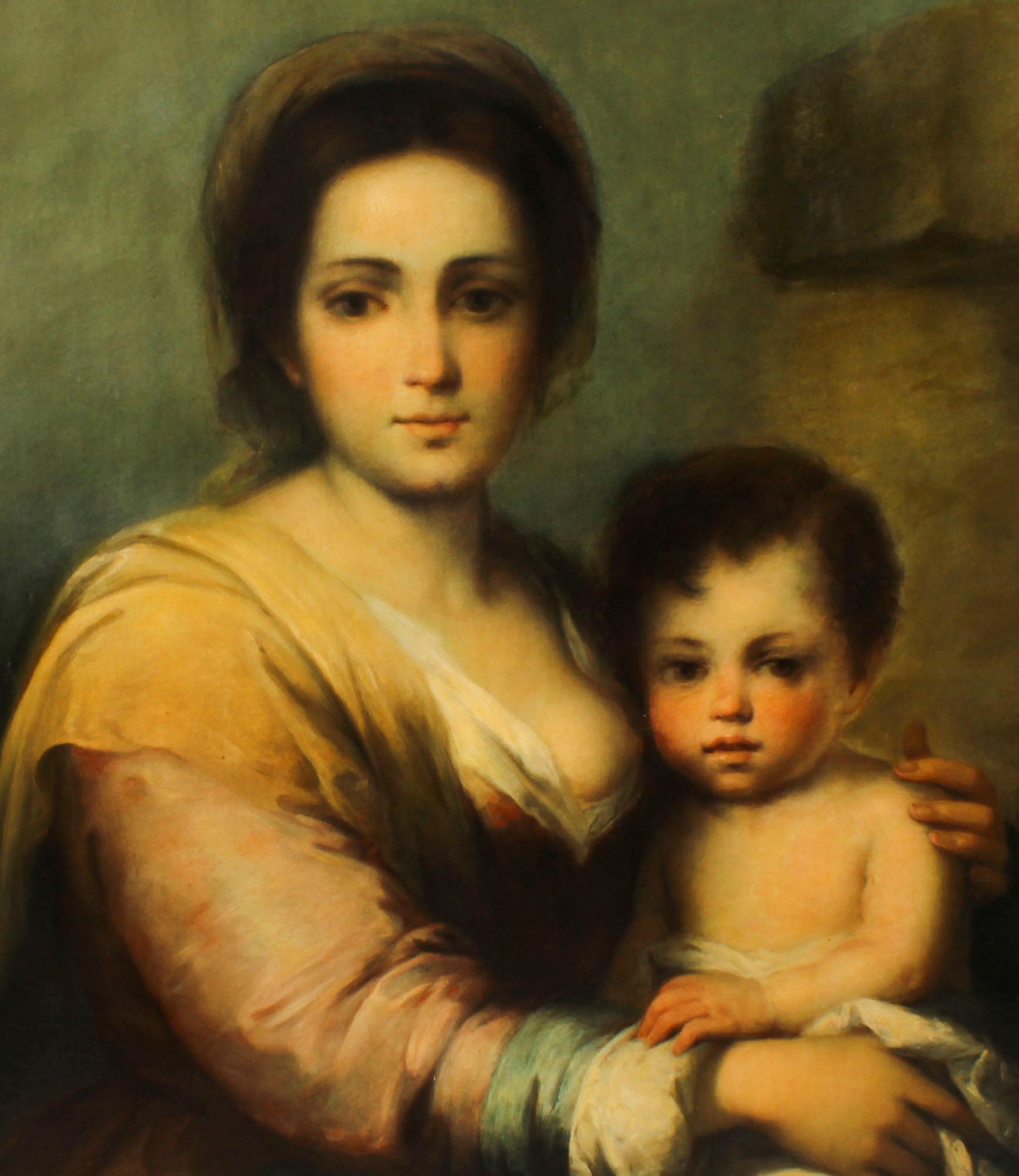 Canvas Antique Painting Our Lady of The Rosary After Bartolomé Murillo 19th Century For Sale