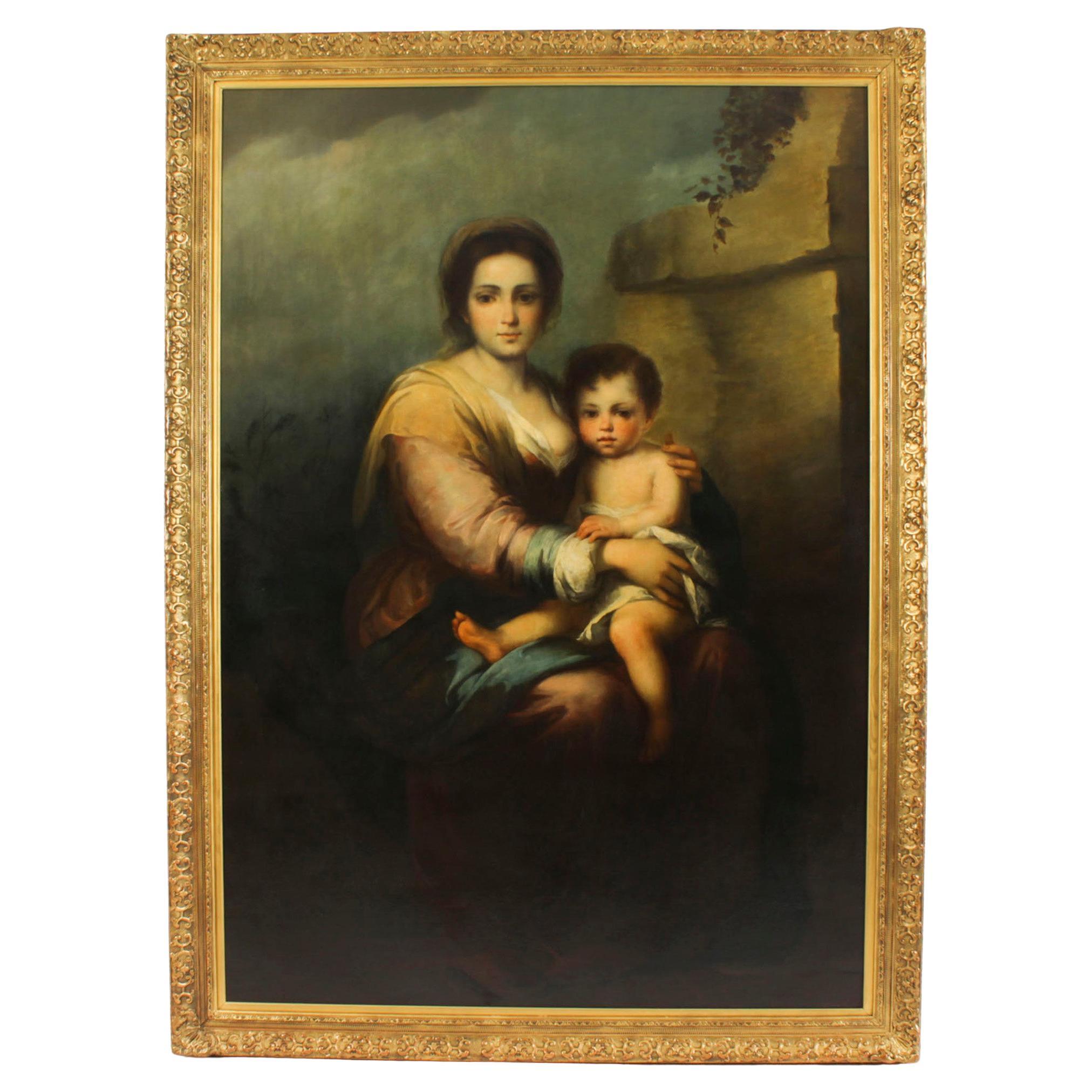 Antique Painting Our Lady of The Rosary After Bartolomé Murillo 19th Century