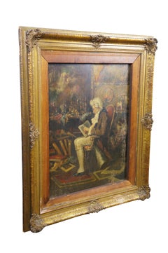 Antique Painting Painting Colonial Man Reading in Library Oil on Board Frame 33"