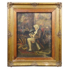 Antique Painting Painting Colonial Man Reading in Library Oil on Board Frame 33"
