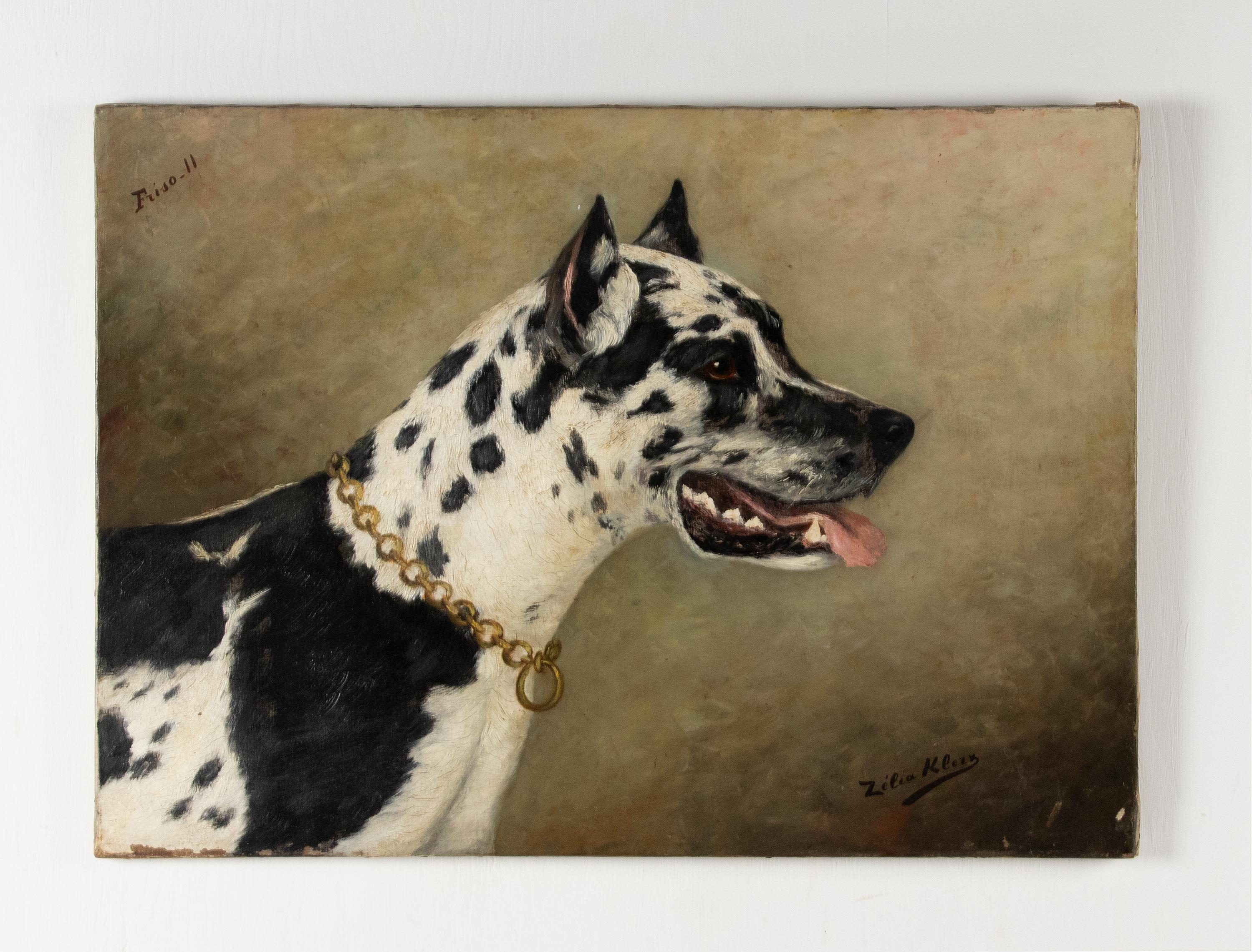 Hand-Painted Antique Painting Portrait of a Great Dane by Zélia Klerkx Oil on Canvas