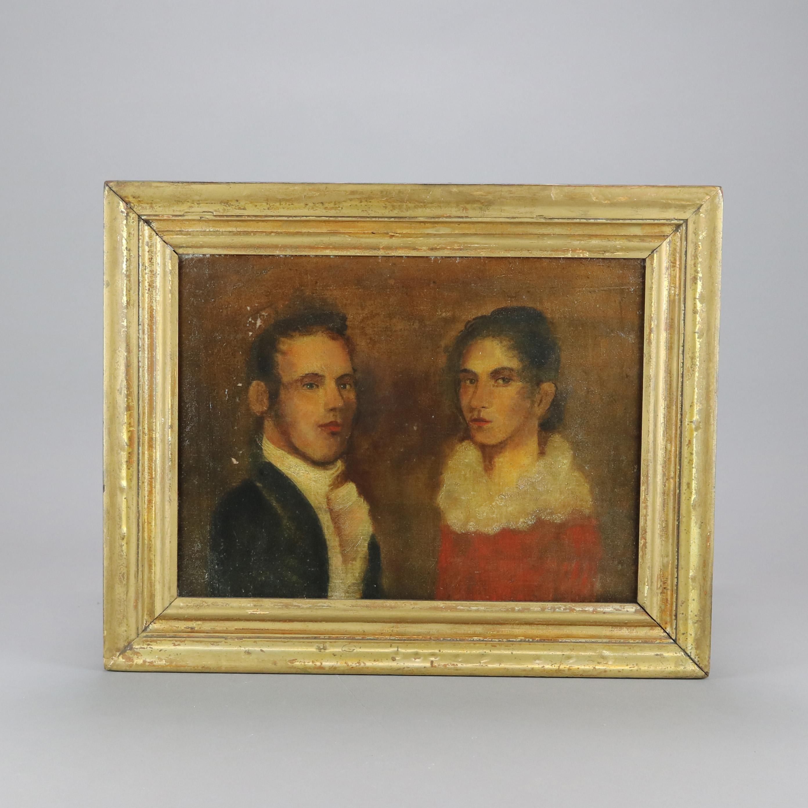 An antique painting by Joshua Johnson offers oil on canvas portrait of a lady and gentleman couple, seated in giltwood frame, c1840

Measures - overall 16.25'' H x 20.25'' W x 2'' D; sight 16'' x 12''.