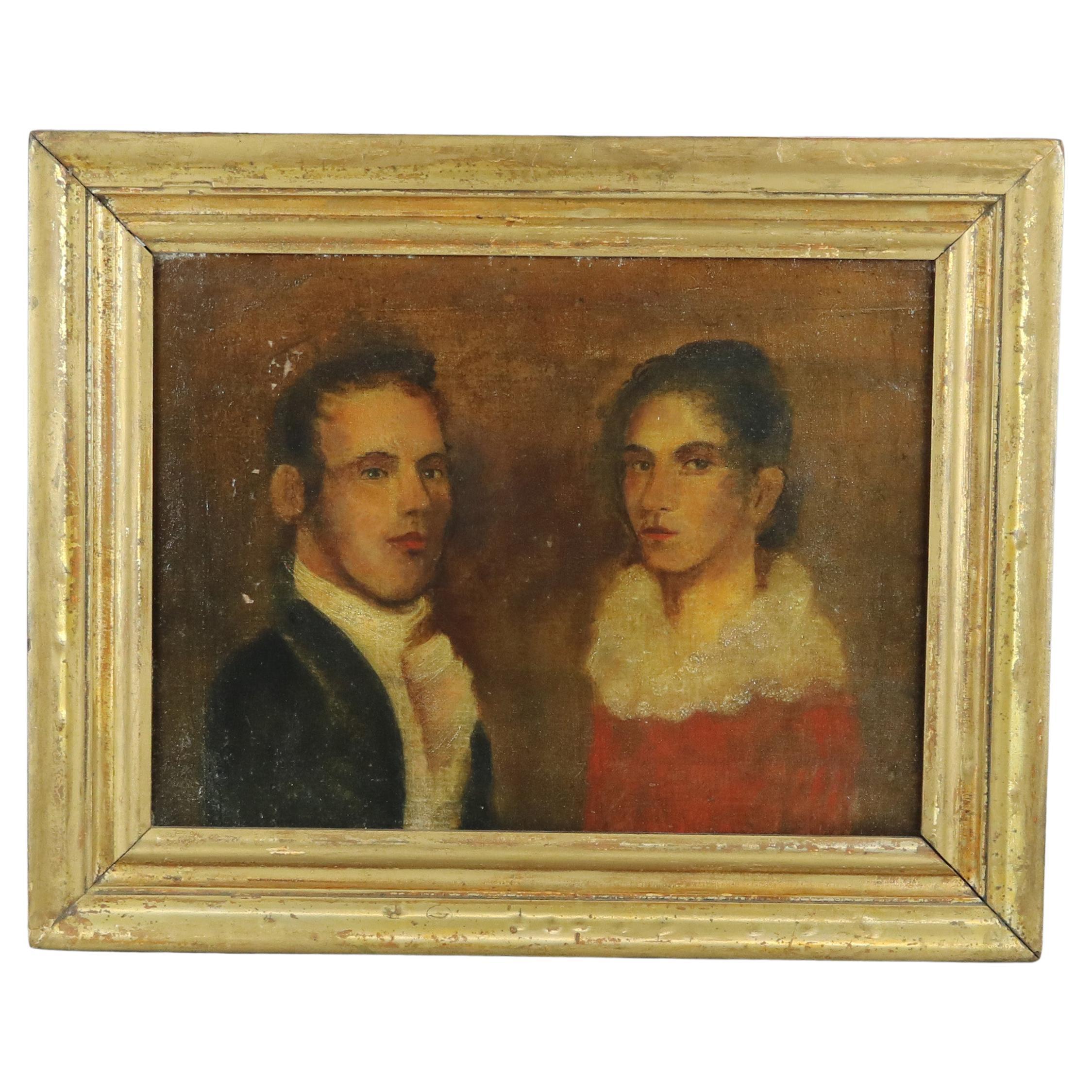 Antique Painting Portrait of a Lady & Gentleman Couple by Joshua Johnson, c1840