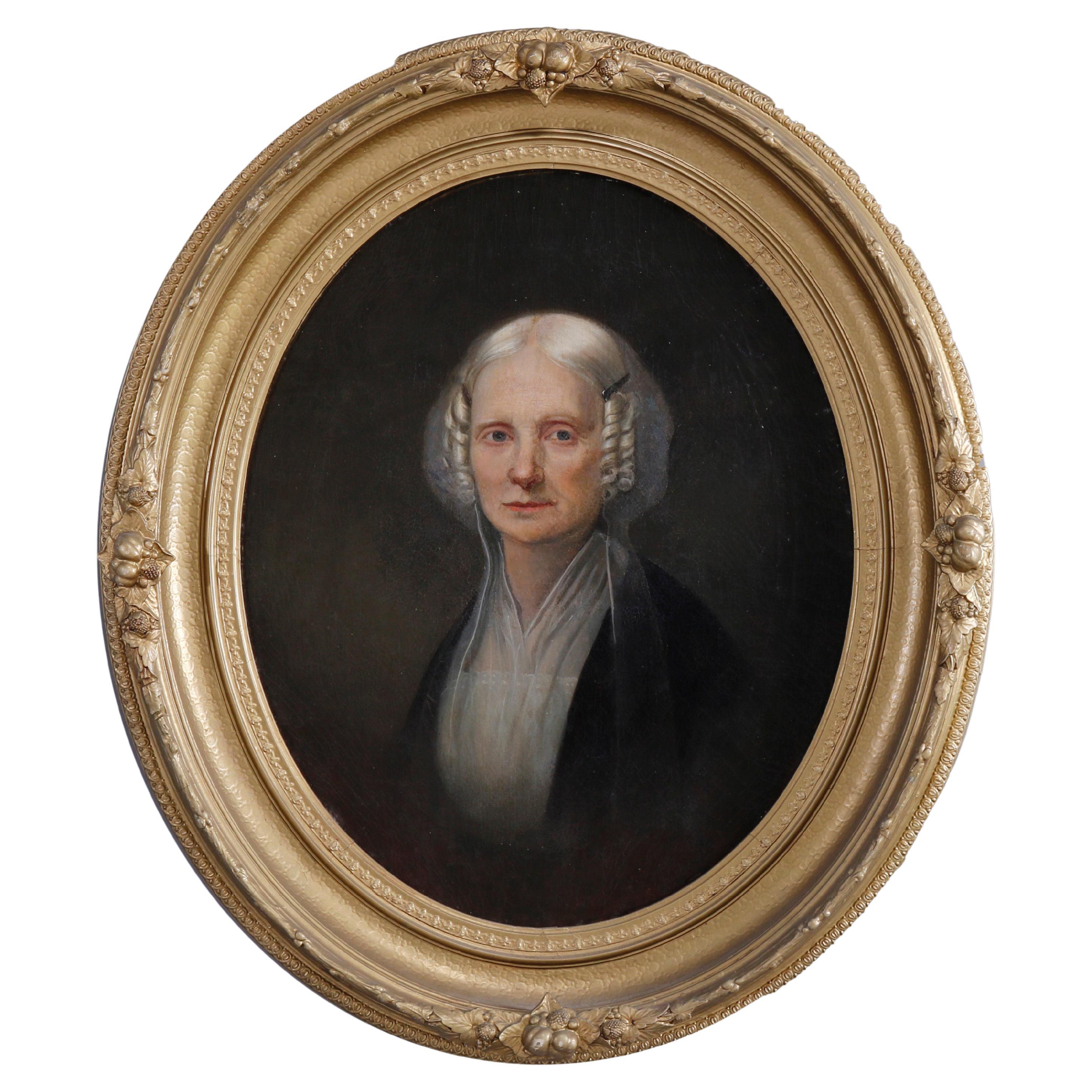 Antique Painting, Portrait of a Woman, Oval Gilt Wood Frame, c1880