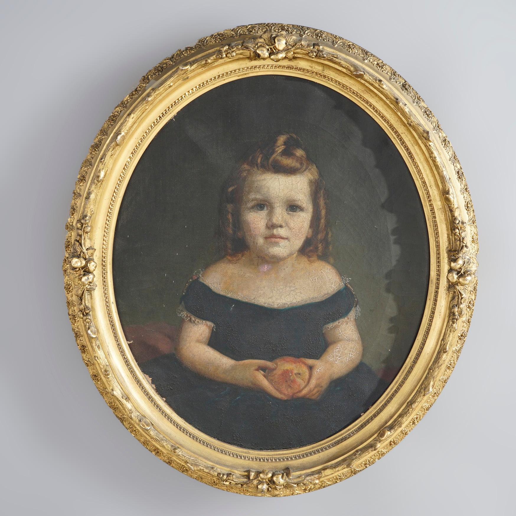 An antique painting offers oil on canvas portrait of a child holding a peach, seated in a giltwood frame, 19th century


Measures- overall 30.5''H x 25.25''W x 2.75''D; 20'' x 24'' sight.