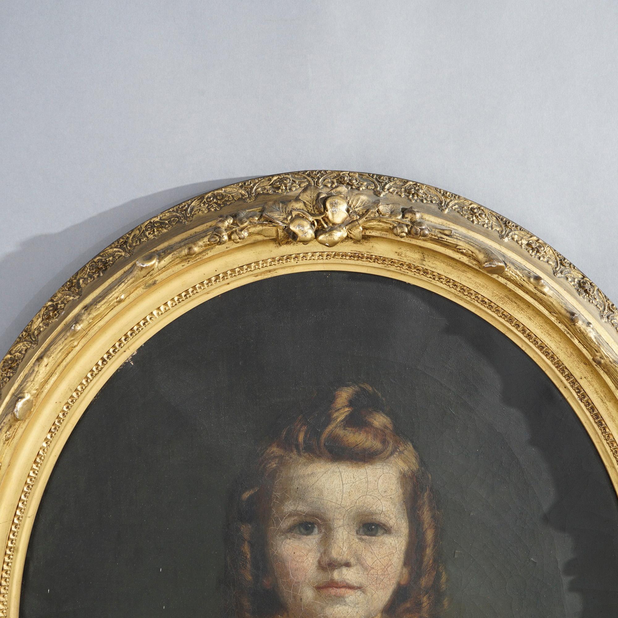 Antique Painting, Portrait of a Young Girl in Oval Giltwood Frame 19th C In Good Condition In Big Flats, NY