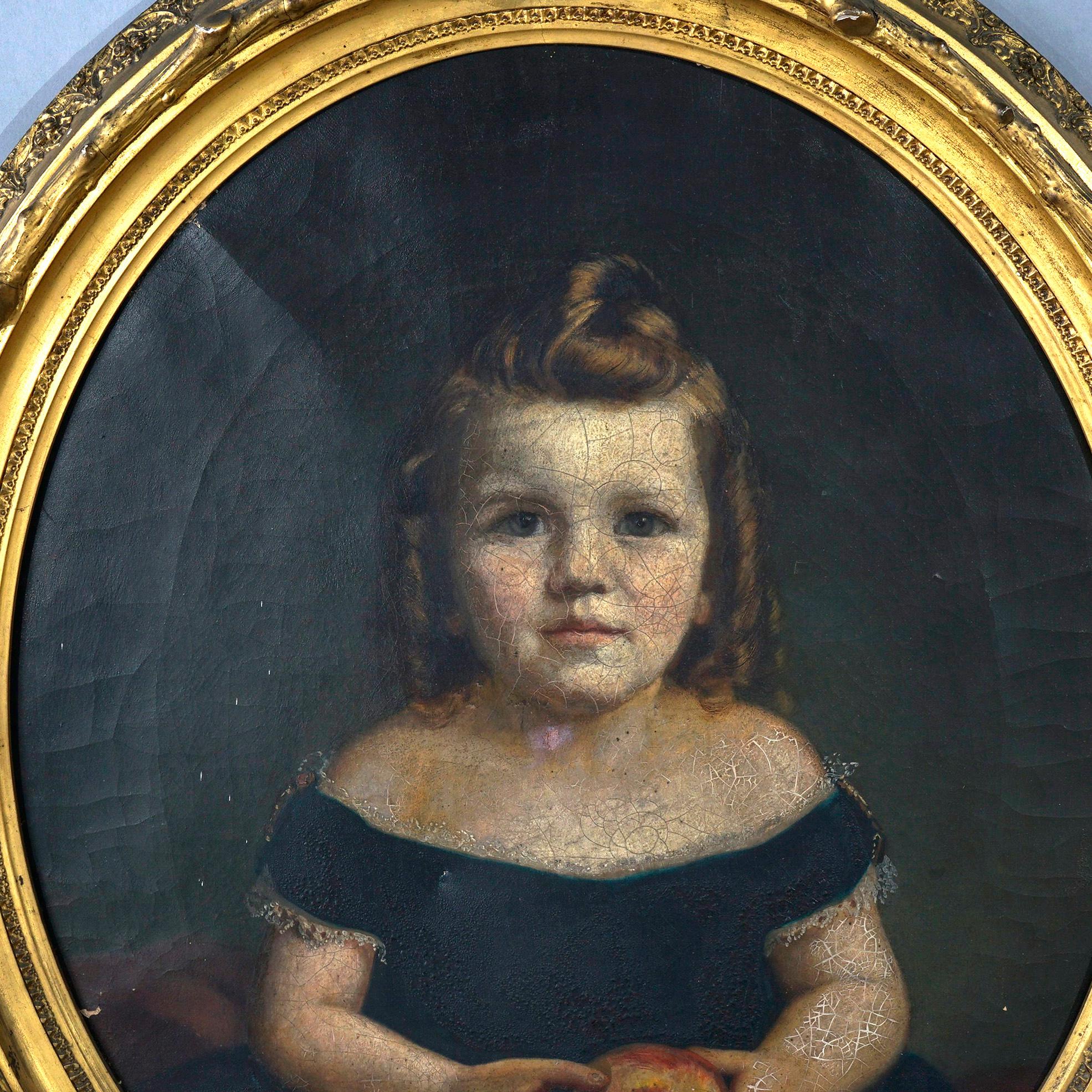 19th Century Antique Painting, Portrait of a Young Girl in Oval Giltwood Frame 19th C
