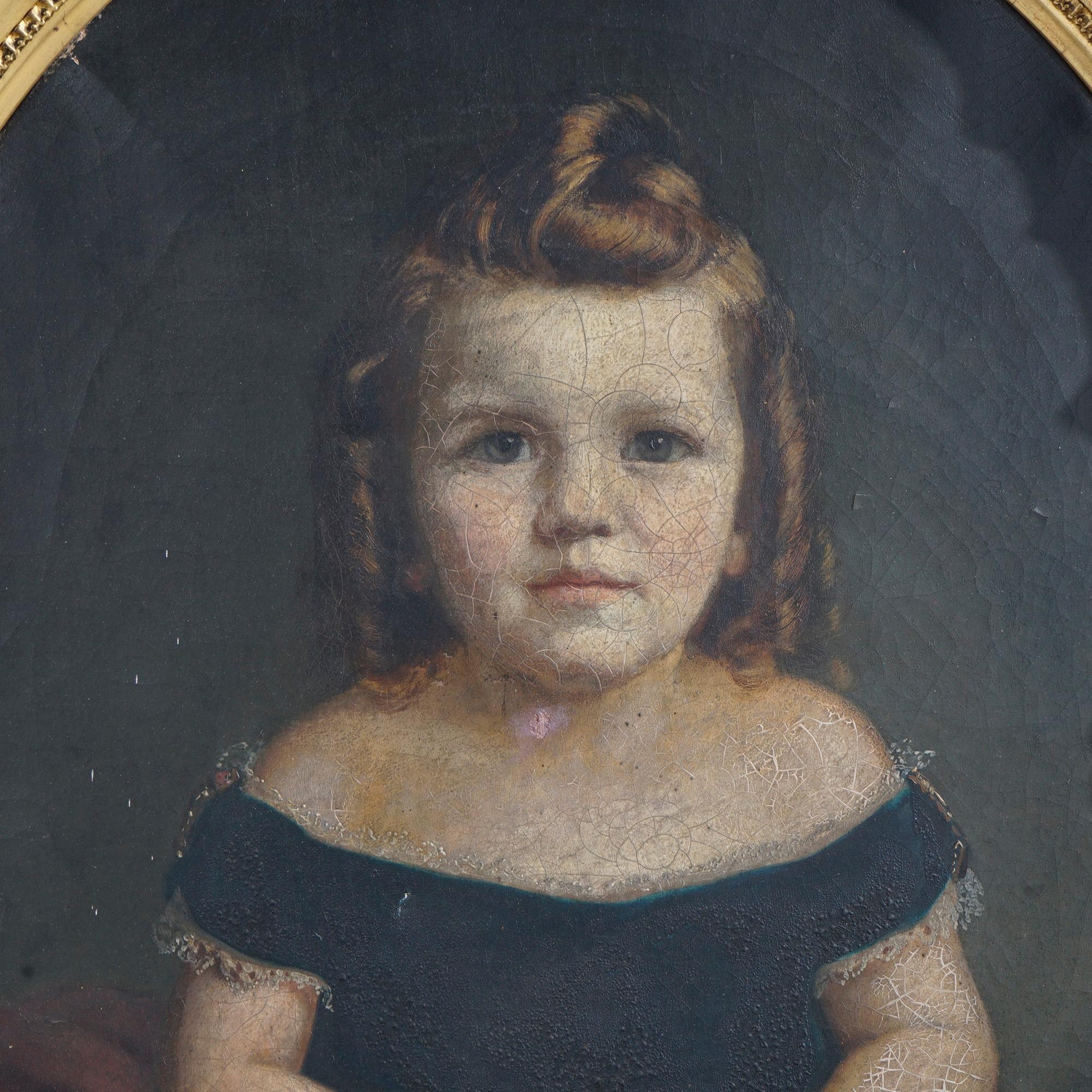 Wood Antique Painting, Portrait of a Young Girl in Oval Giltwood Frame 19th C