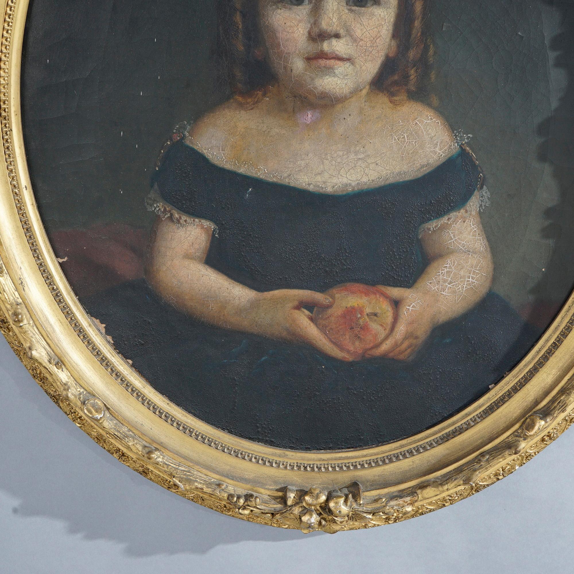 Antique Painting, Portrait of a Young Girl in Oval Giltwood Frame 19th C 1