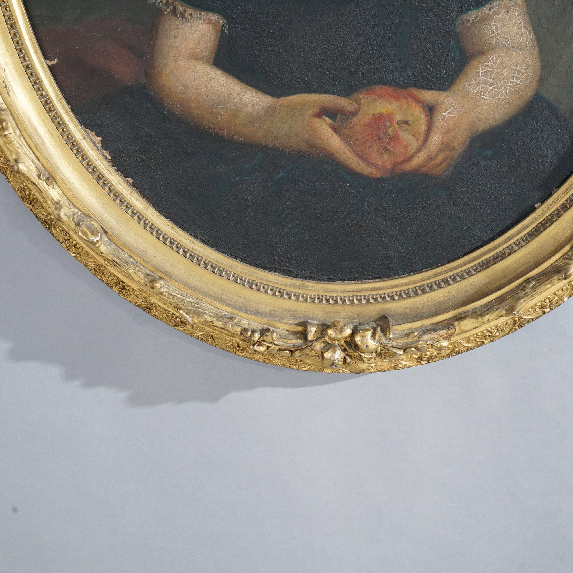 Antique Painting, Portrait of a Young Girl in Oval Giltwood Frame 19th C 2