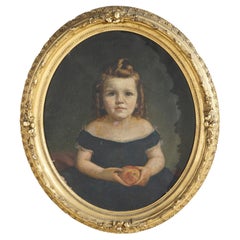 Antique Painting, Portrait of a Young Girl in Oval Giltwood Frame 19th C