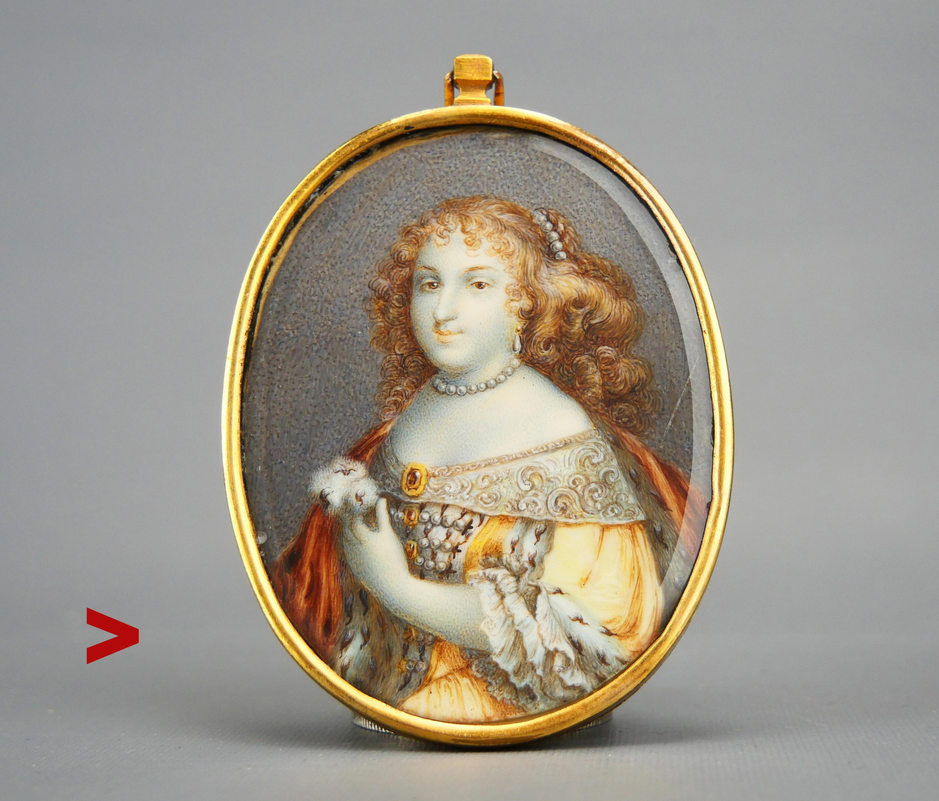 Ca. late 18th - early 19th century miniature tempera on panel hand - painting of Dona Maria I (Maria Francisca Isabel Josefa Antónia Gertrudes Rita Joana, born on 17 December 1734, also known as Maria the Pious in Portugal and Maria the Mad in