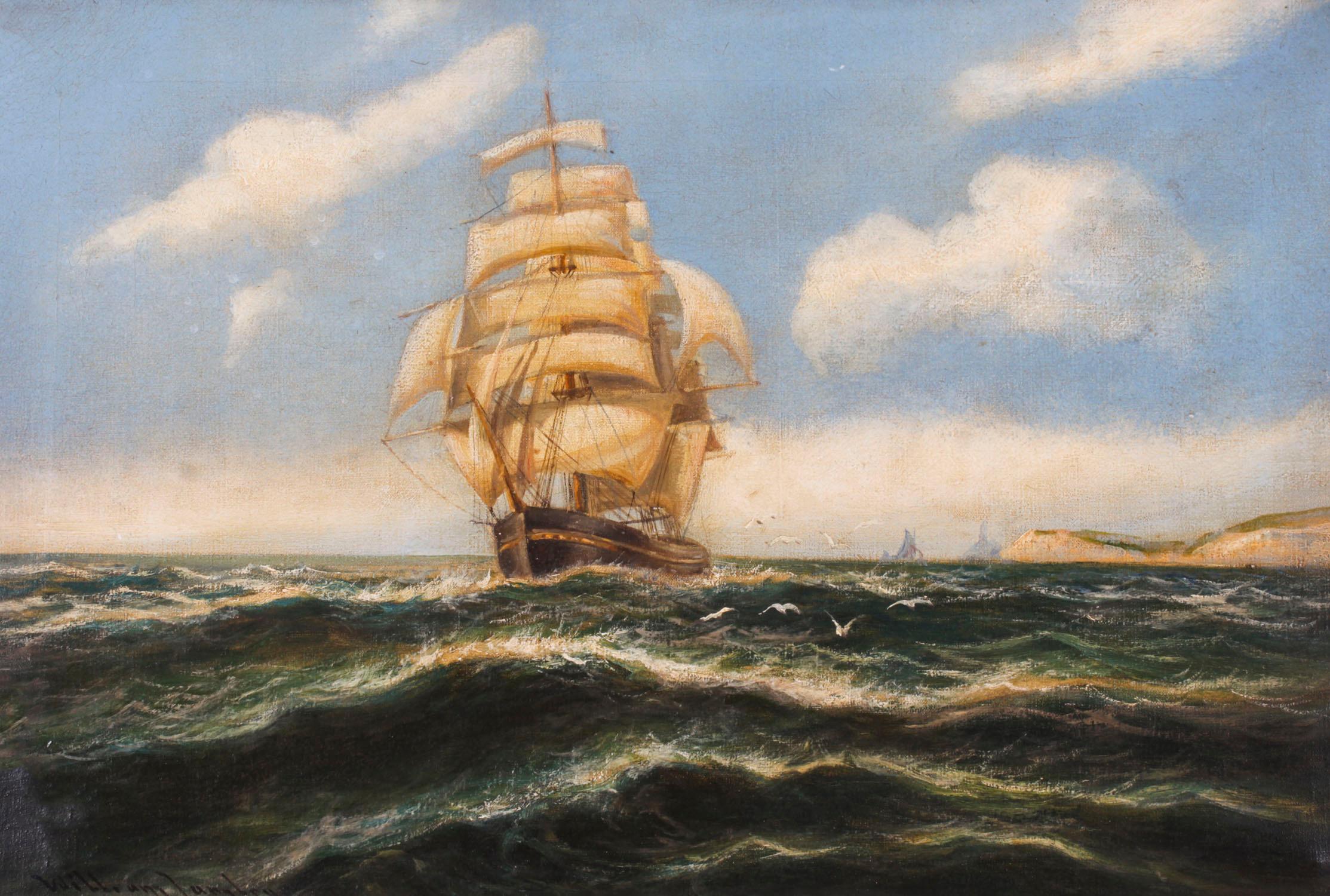 Se trata de un bello óleo antiguo inglés sobre lienzo que representa un paisaje acuático, obra de William Langley (inglés, 1852-1922), y está firmado en la parte inferior izquierda.

El cuadro representa un velero en un mar agitado.
 
El artista ha