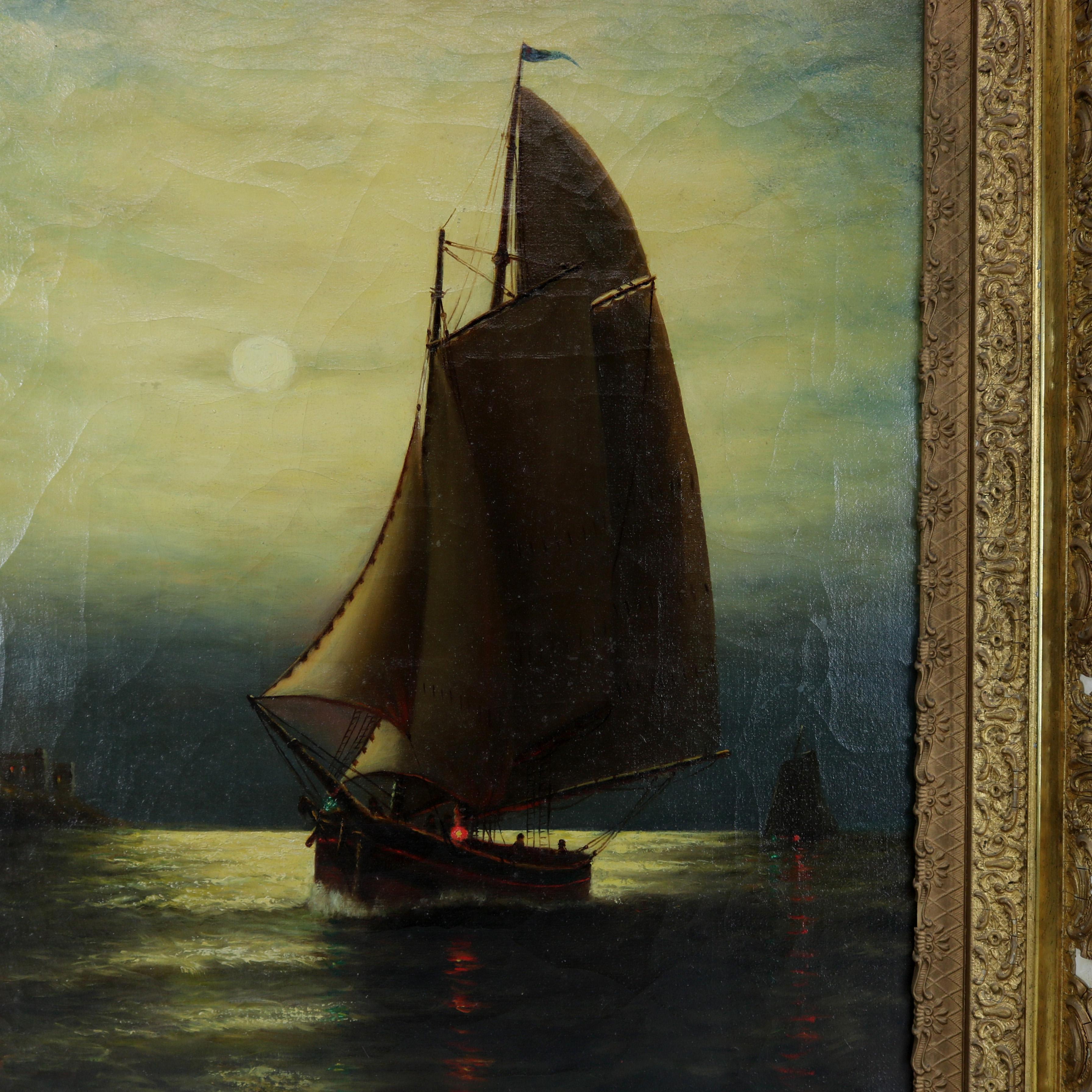Antique maritime oil on canvas painting depicts moonlit nautical seascape scene with sailboat signed Wesley Webber, seated in giltwood frame, circa 1900.

Measures: 31.25