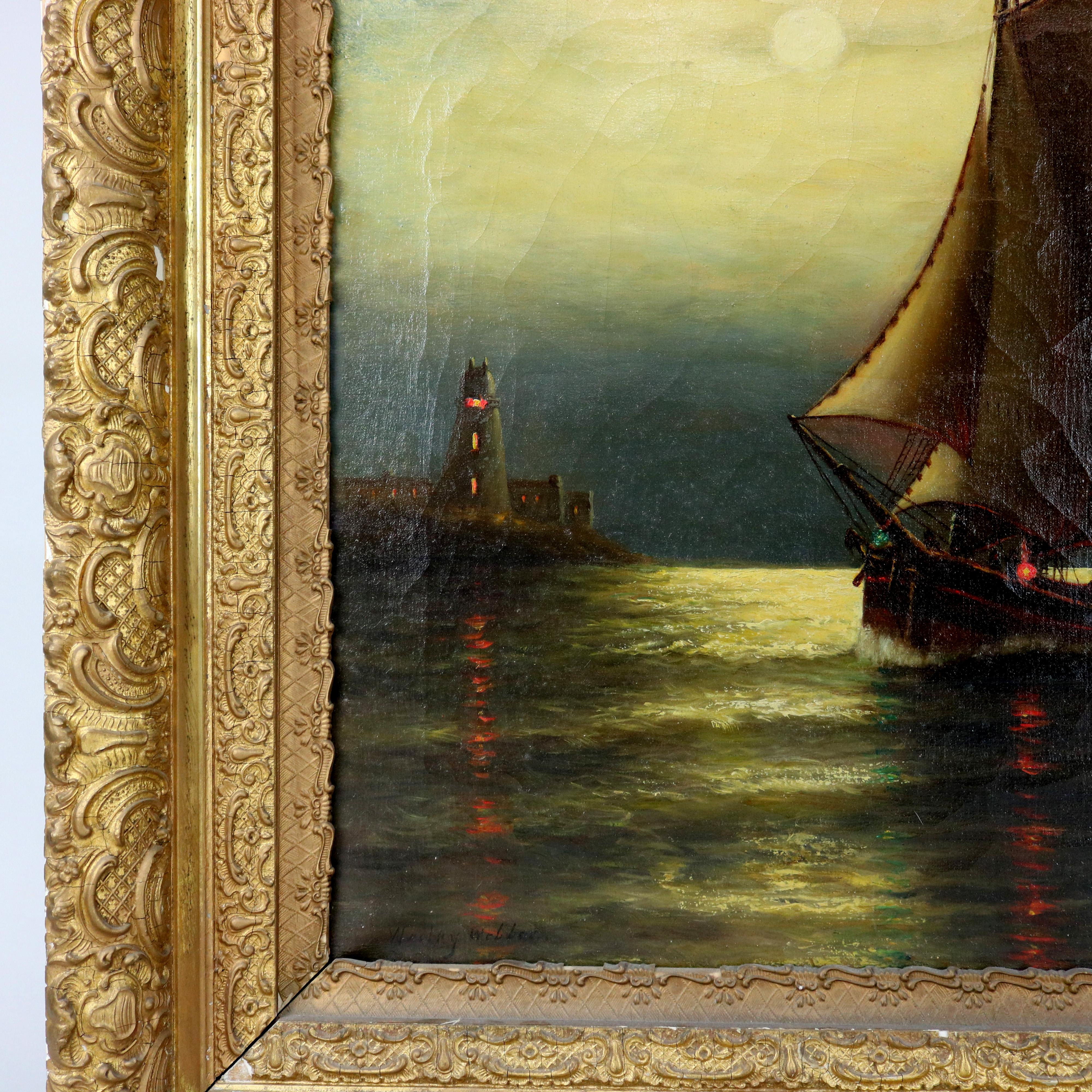 American Antique Painting, Seascape with Moonlit Sailboat by Wesley Webber, circa 1900