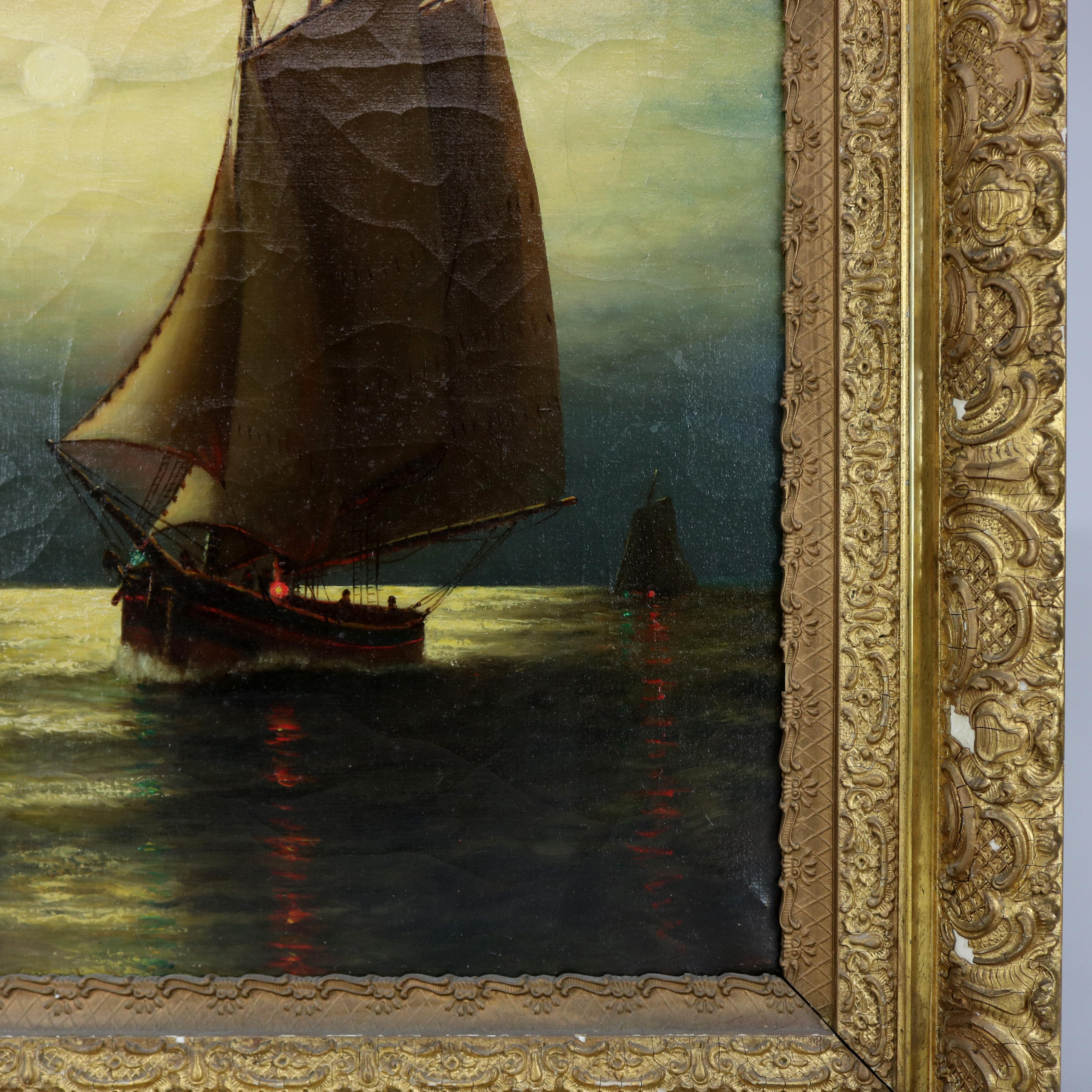 Hand-Painted Antique Painting, Seascape with Moonlit Sailboat by Wesley Webber, circa 1900