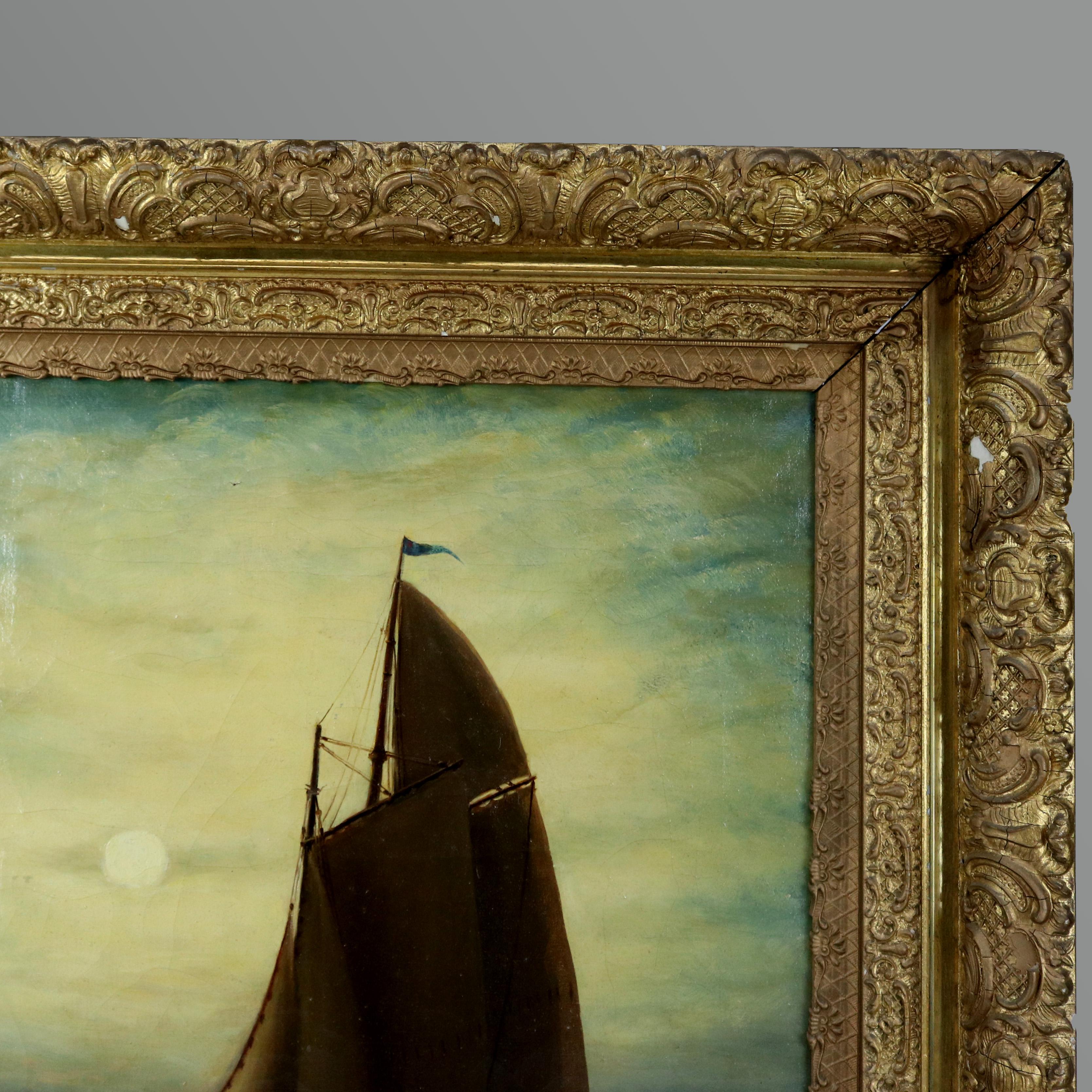 Antique Painting, Seascape with Moonlit Sailboat by Wesley Webber, circa 1900 In Good Condition In Big Flats, NY