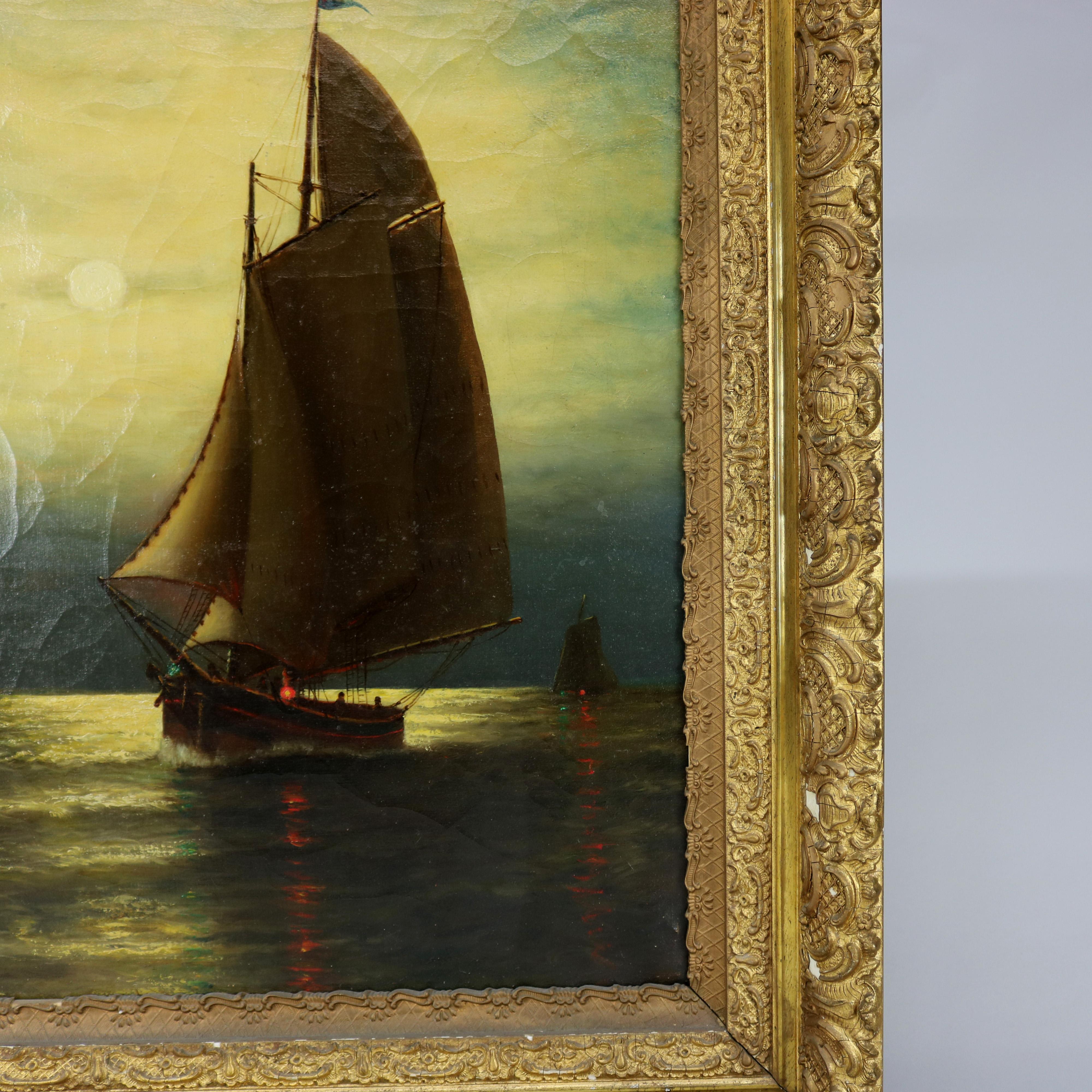 20th Century Antique Painting, Seascape with Moonlit Sailboat by Wesley Webber, circa 1900