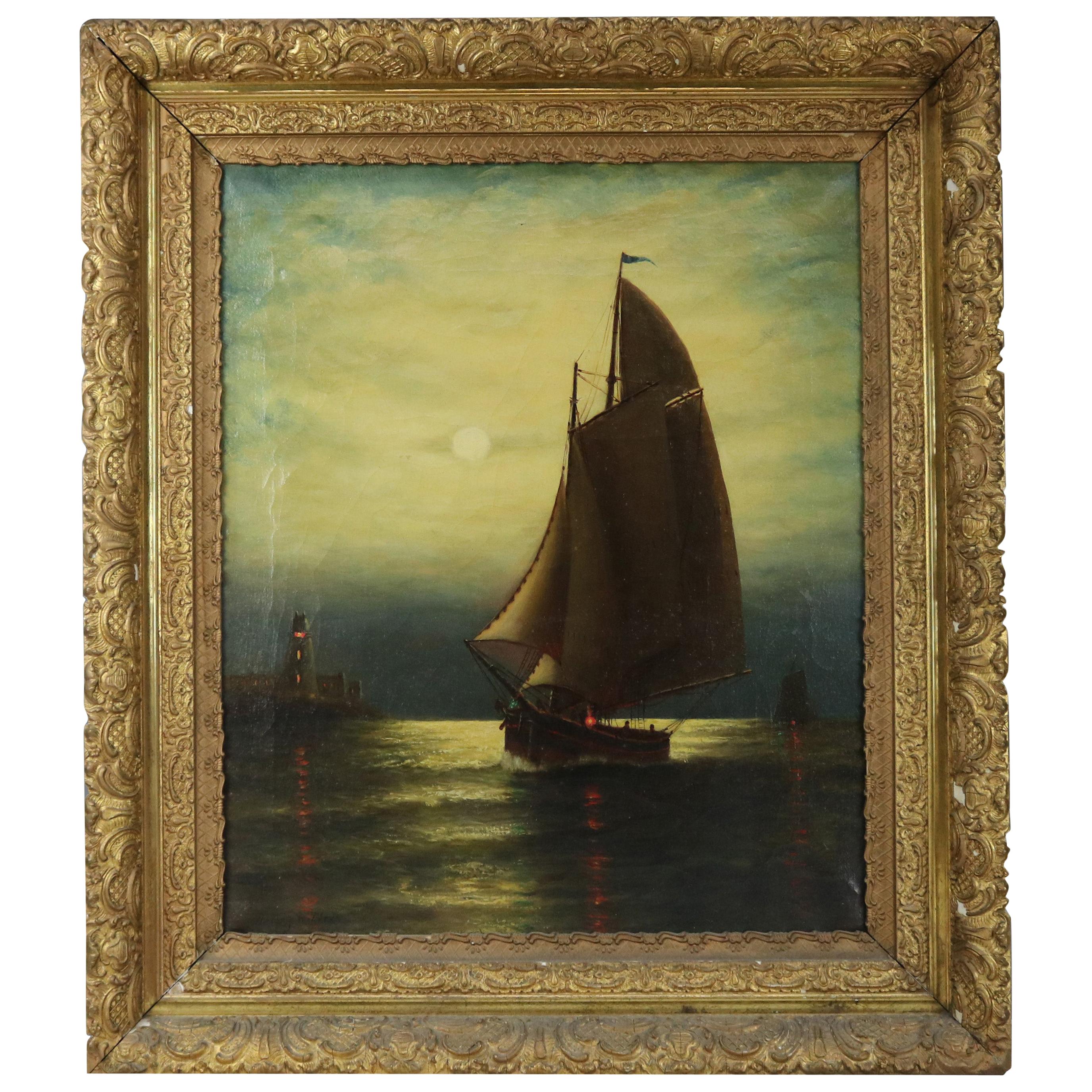 Antique Painting, Seascape with Moonlit Sailboat by Wesley Webber, circa 1900