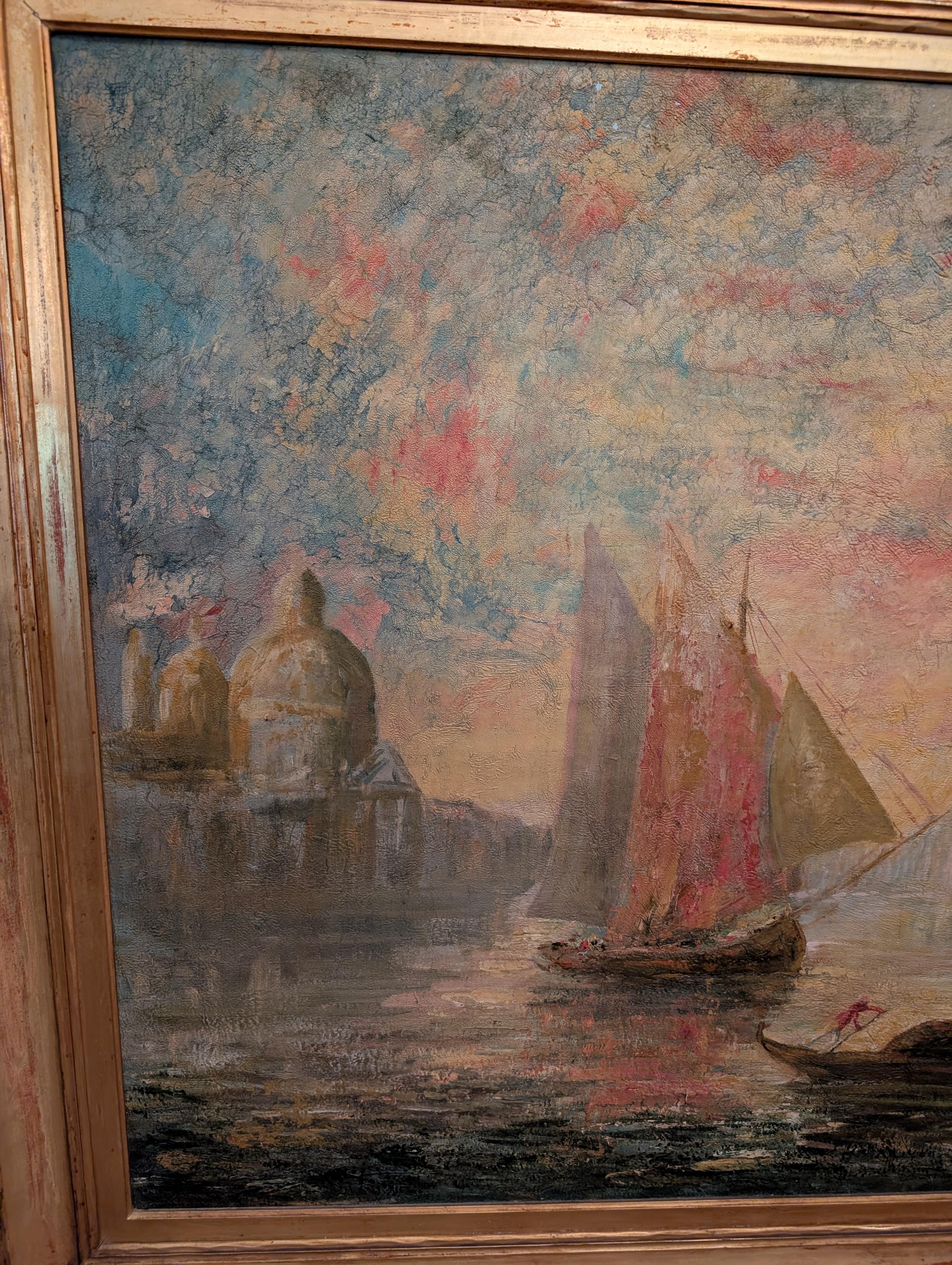 Large antique oil painting on canvas with gilded frame, much more beautiful in person than in photos! To our knowledge this was created by Norval Hamilton Busey, an American artist born in 1845 and died in 1928. Signed on the bottom right corner