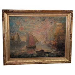 Antique Painting Signed N.H. Busey Sail Boats Trading Port Norval Hamilton Busey