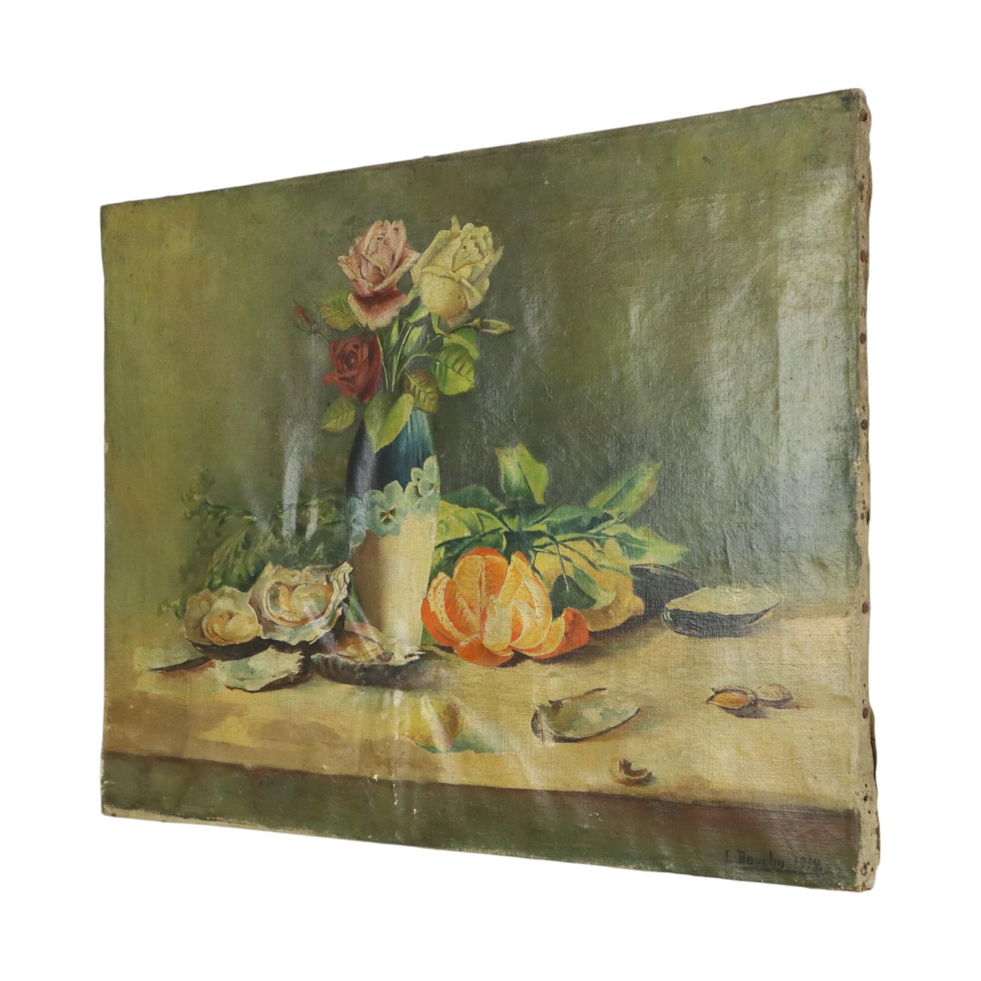 Art Nouveau Pittura antica Natura morta olio su tela firmata L. Bouchu 1912 in vendita