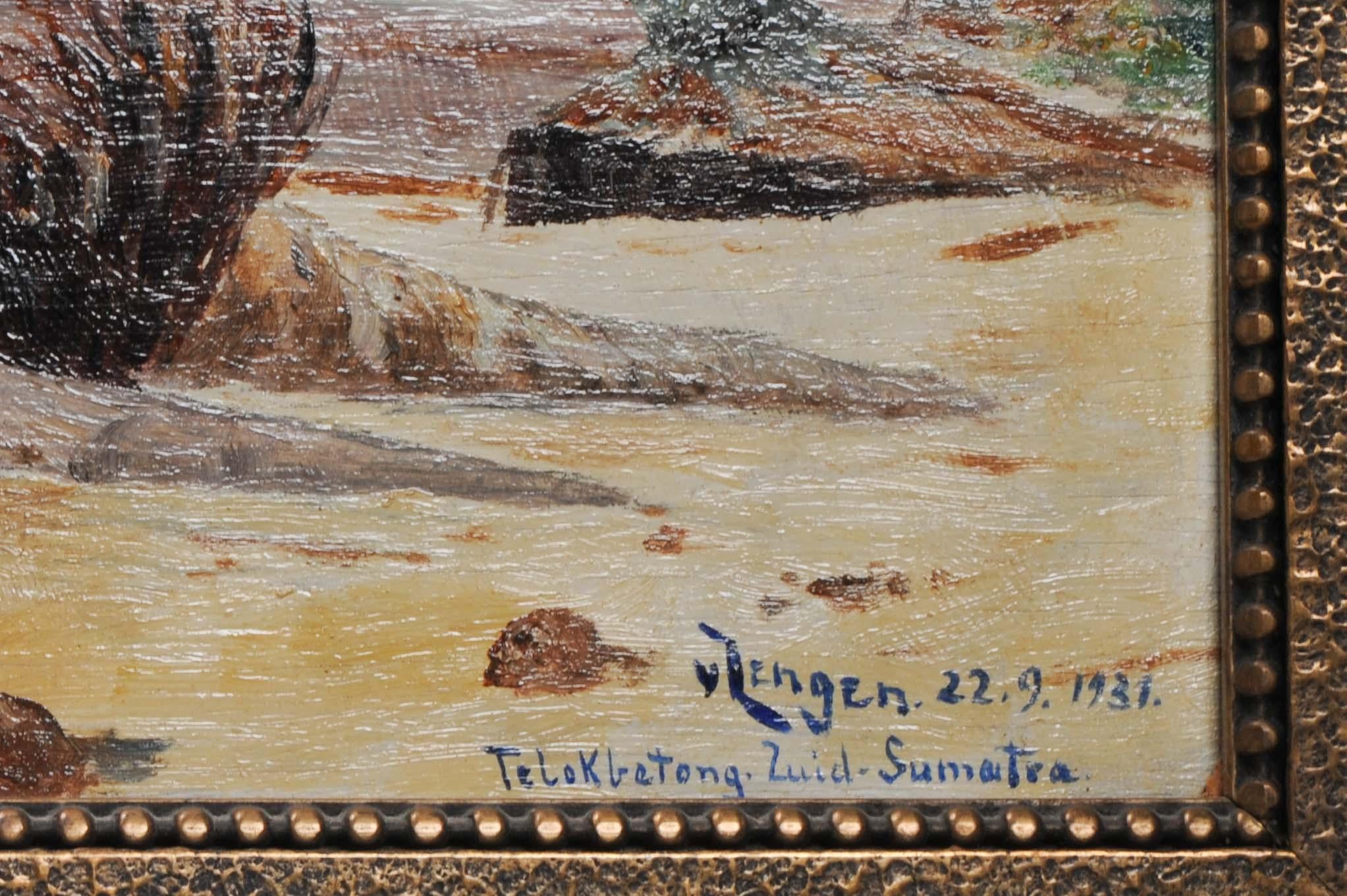 Beautifully painted sea landscape. Van Zengen 22.9.1931 Telokbetong Zuid-Sumatra. Top Quality.

Additional information:
Material: Paper
Region of Origin: India/Indonesia
Condition: Good condition but with a damaged frame.
Dimension: Ø 104 W x 65 H cm