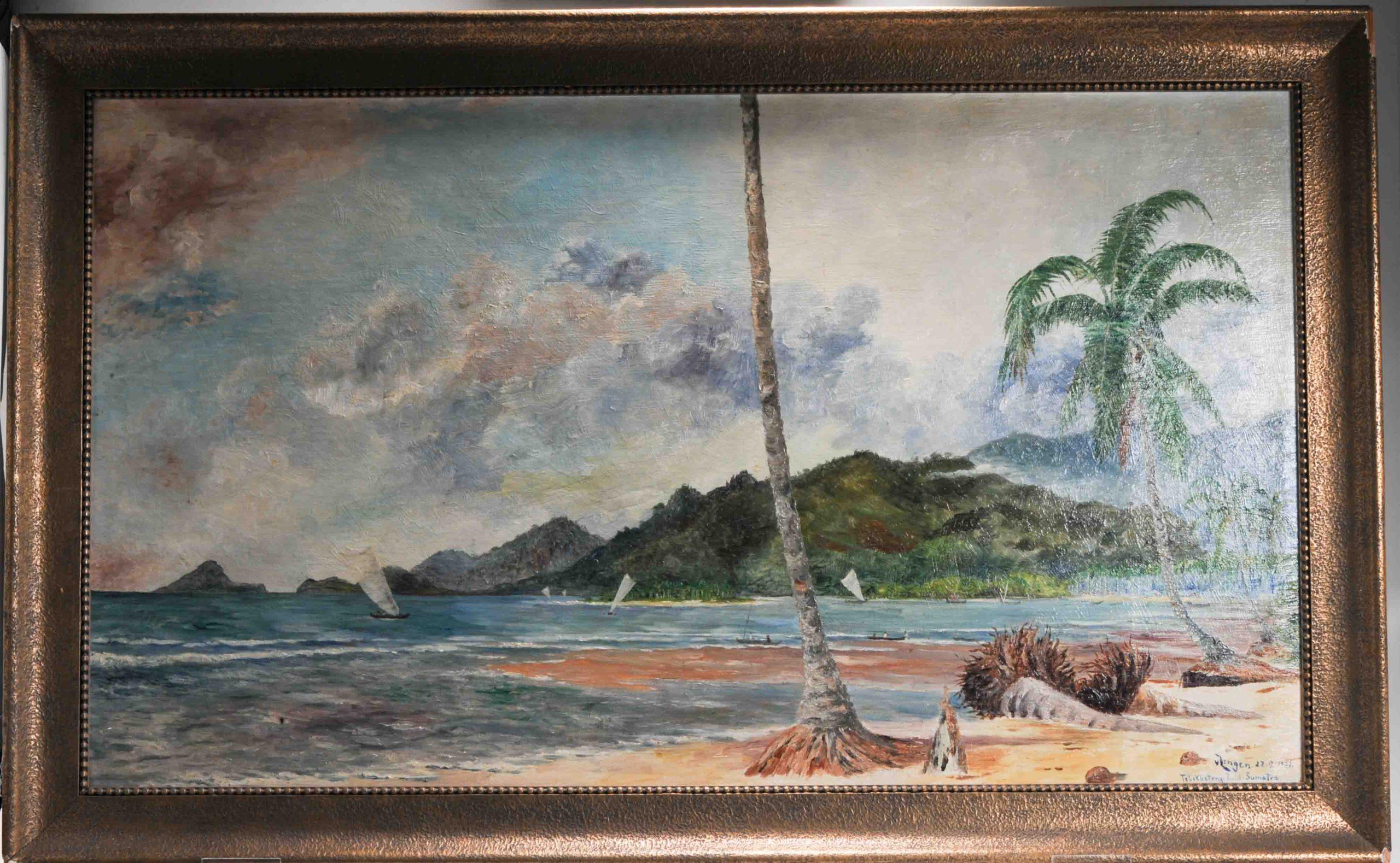 Indonesian Antique Painting Sumatra Telok Betong Sea Landscape- Van Zengen, Indonesia, 1931 For Sale