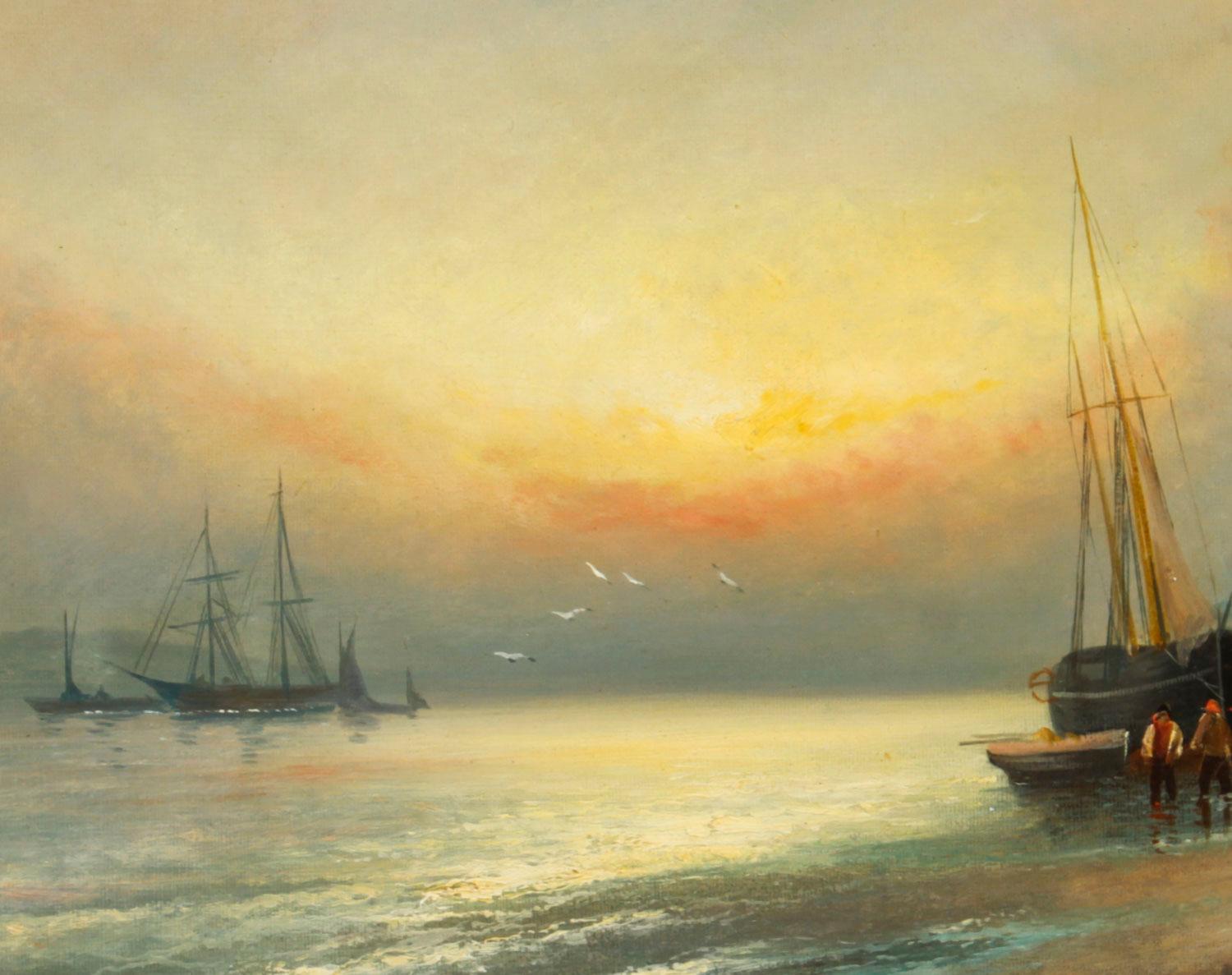Toile Peinture ancienne « Sunset at Low Tide » de William Langley du 19ème siècle en vente
