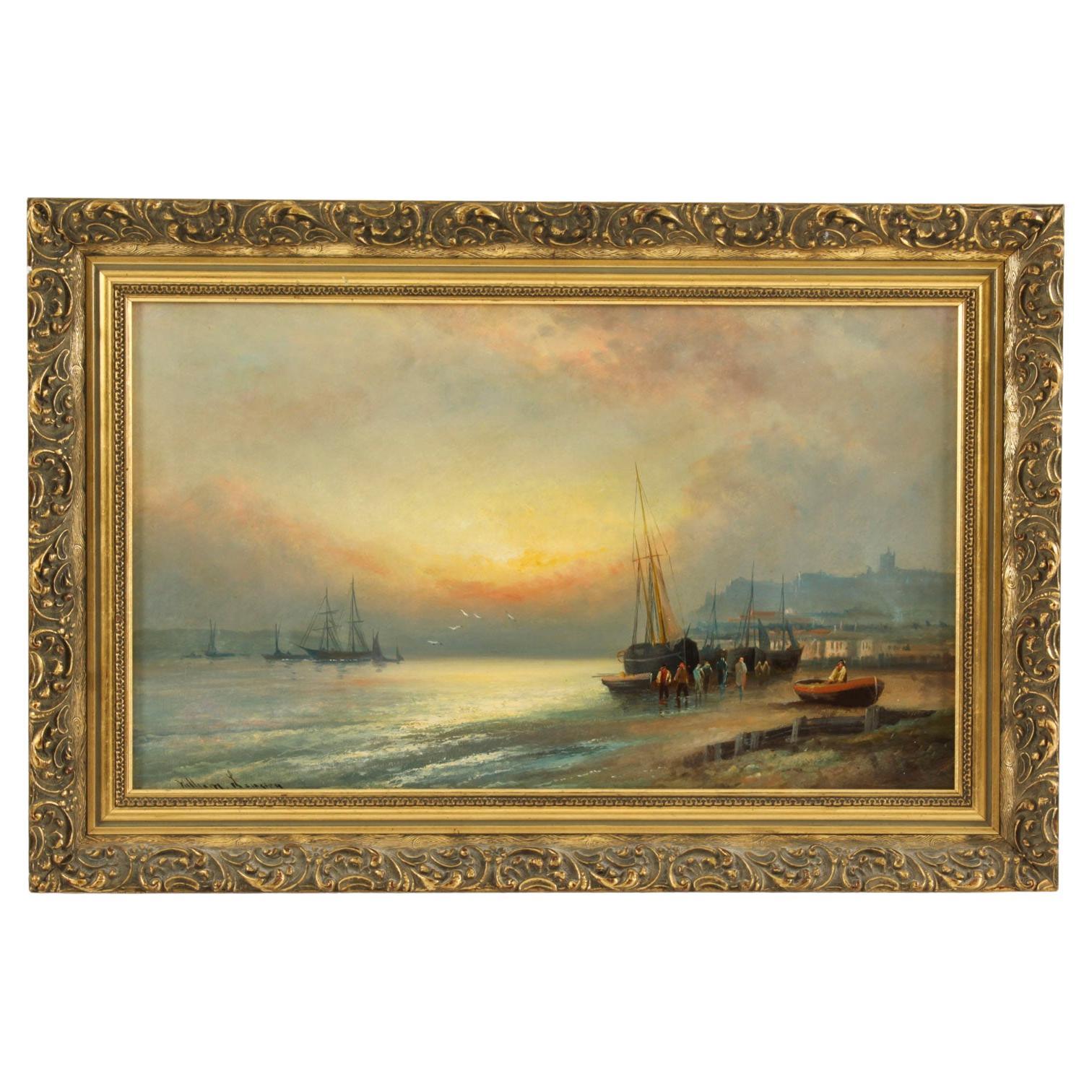 Antique Painting "Sunset at Low Tide" William Langley 19th Century
