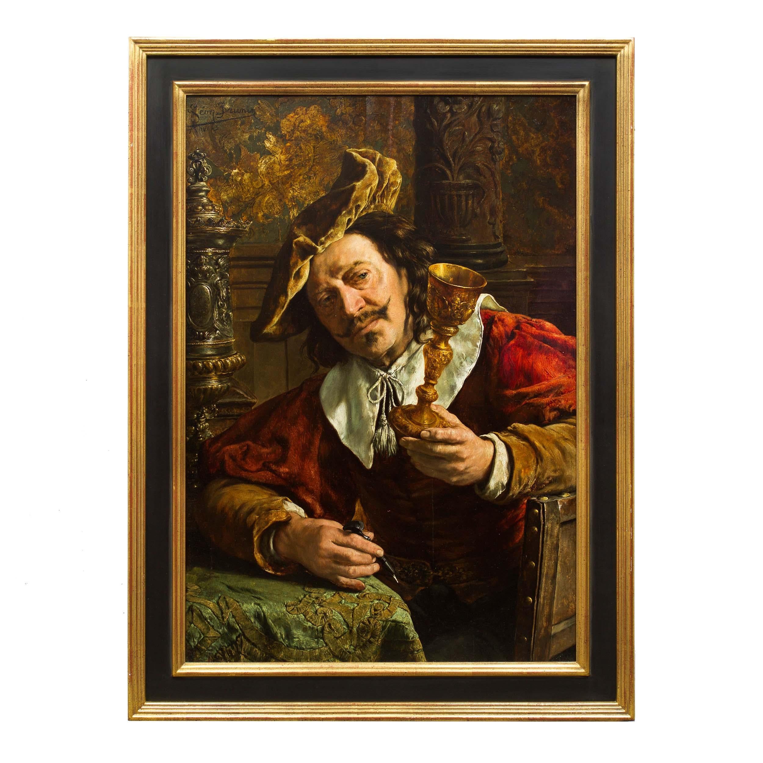 The present scene is a vivid and dramatic depiction of a silversmith holding in his hand a gilded chalice while a very large silver vessel rests on a stand behind him. Clearly a wealthy man with a careful eye for his garment and the design of the